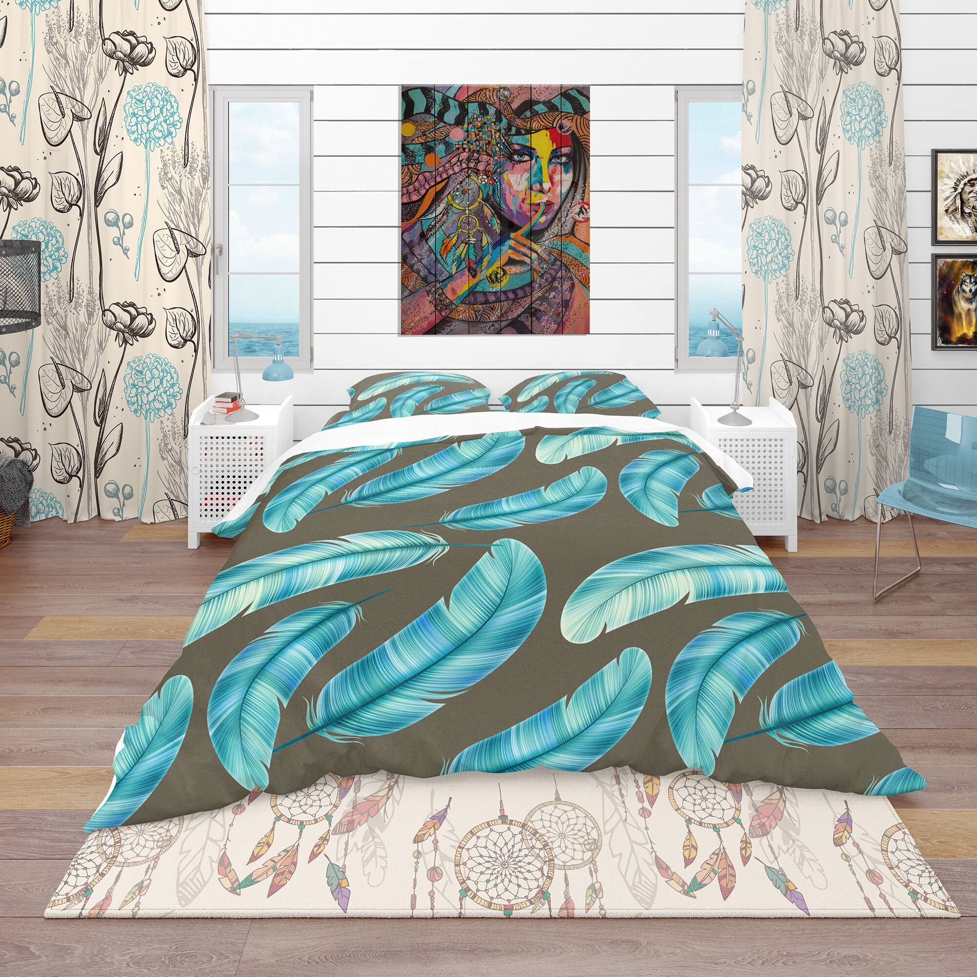 Designart &#x27;Pattern with Colorful Feathers&#x27; Southwestern Bedding Set - Duvet Cover &#x26; Shams