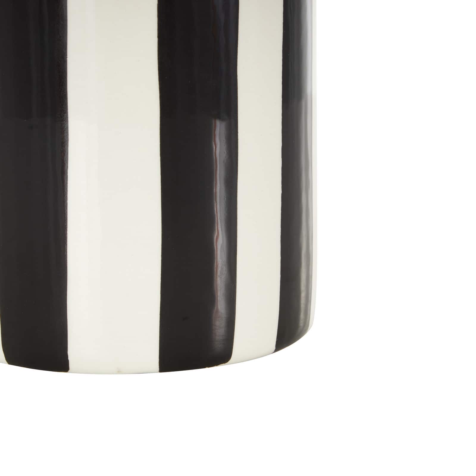 11" White & Black Stripes Round Wide Ceramic Vase
