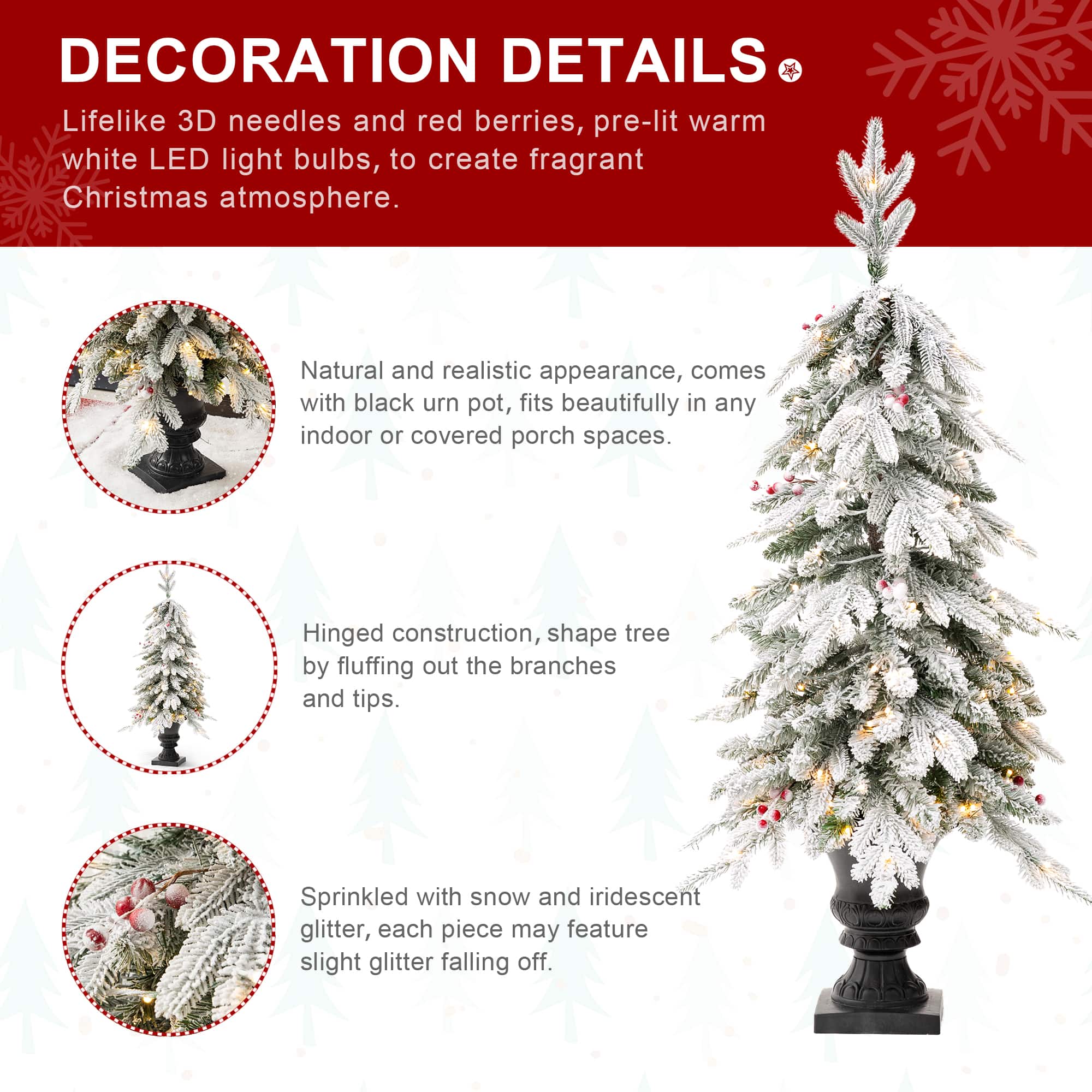 4ft. Pre-Lit Flocked Red Berry Fir Artificial Christmas Porch Tree in Urn, White Lights
