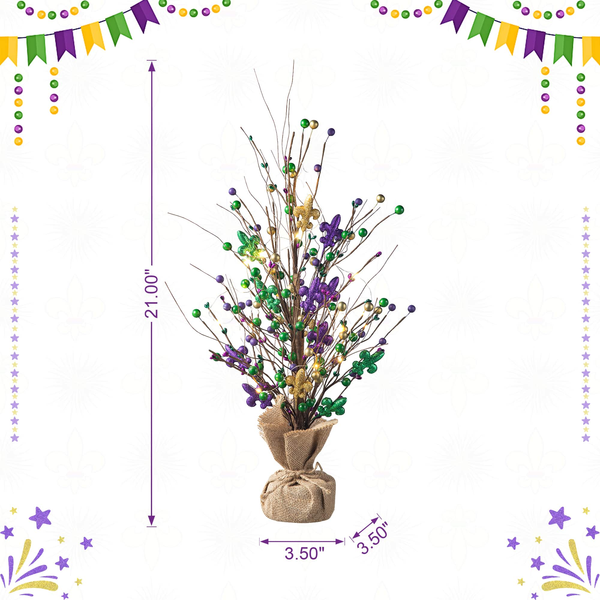 Glitzhome&#xAE; 21&#x22; Lighted Mardi Gras Fleur-de-Lis &#x26; Berry Table Tree