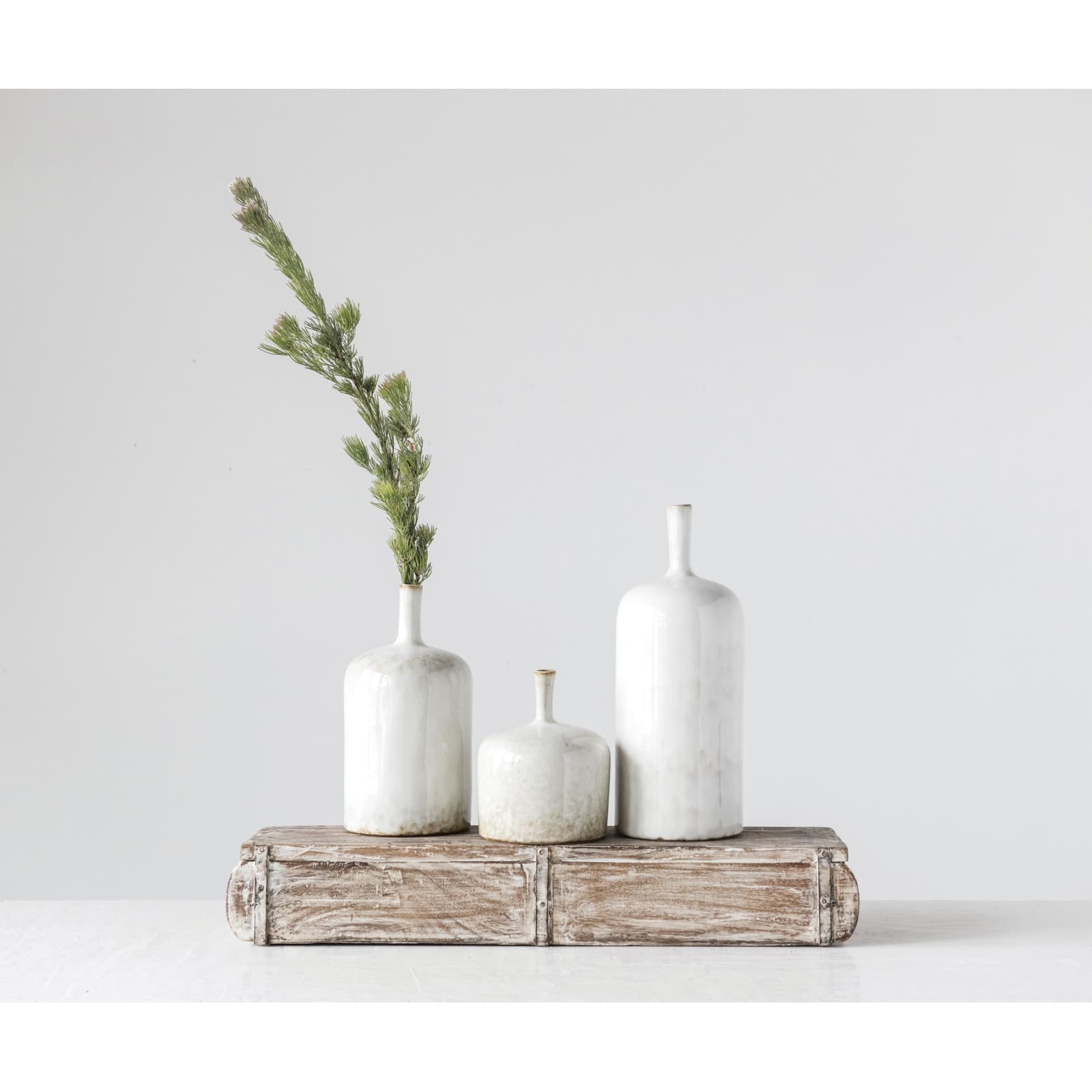 Hello Honey® 12.5" Large Cream Stoneware Vase with Green Accents & Reactive Glaze Finish