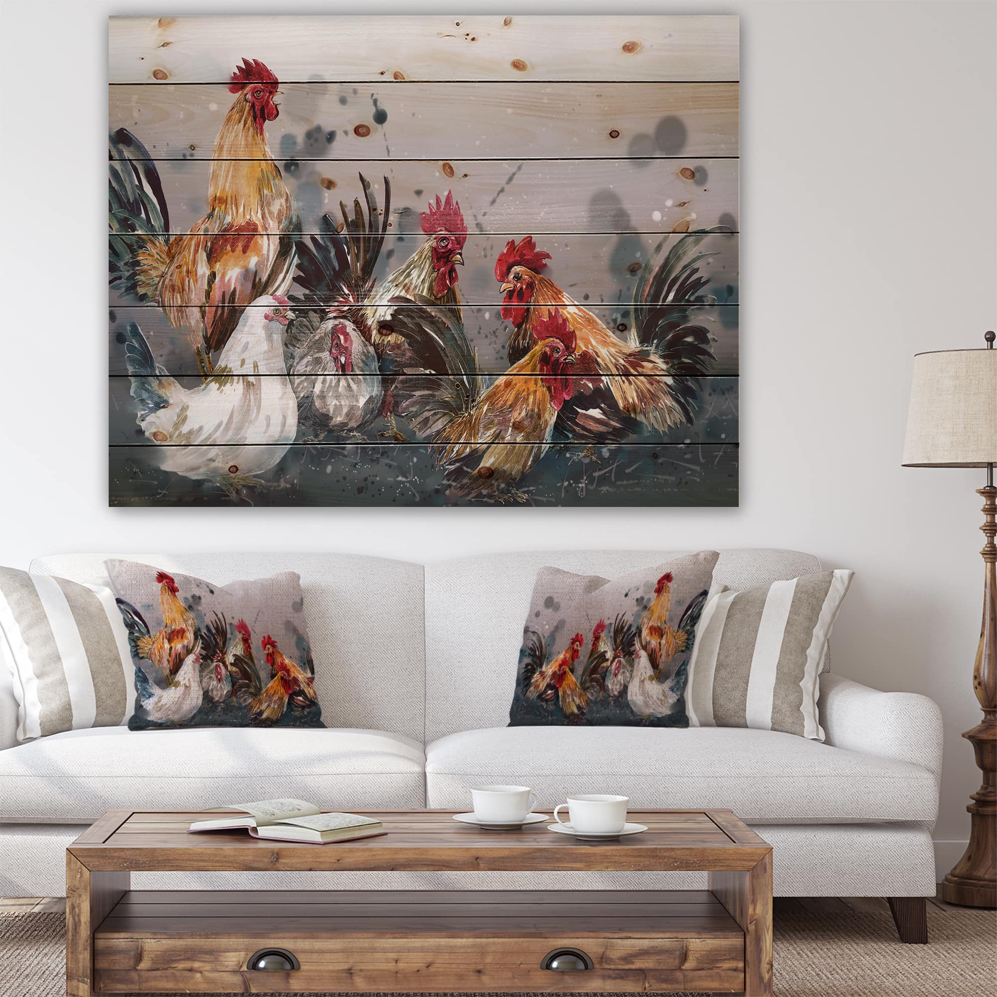 Designart - Group of Rooster in Gray Farm background - Farmhouse Animal Painting Print on Natural Pine Wood