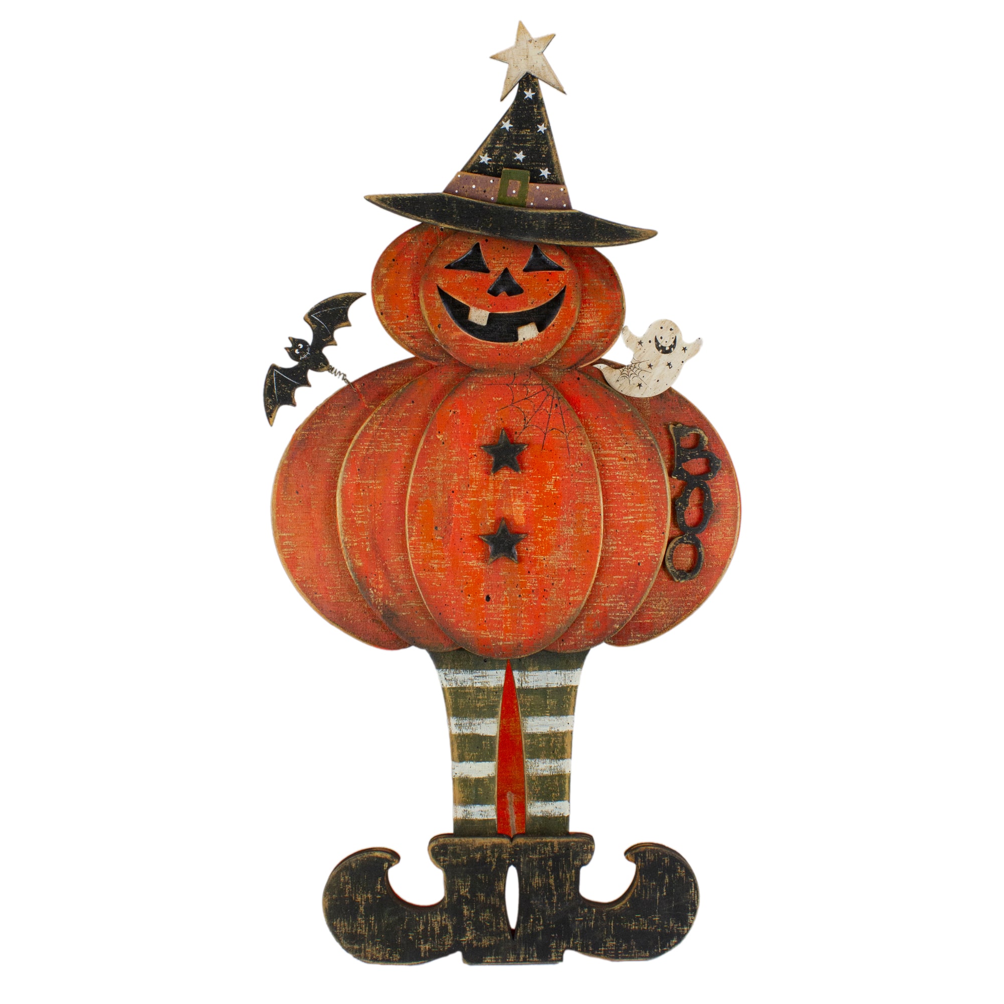 28" Lighted Standing Pumpkin with a Ghost & Bat Halloween Tabletop Décor