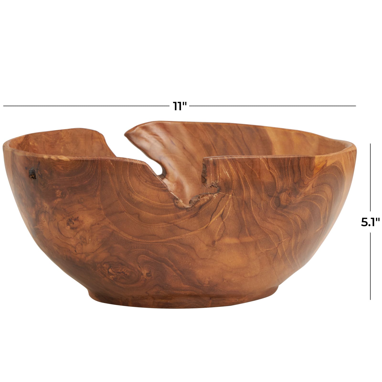 11&#x22; Brown Teak Wood Decorative Bowl with Natural Grooves