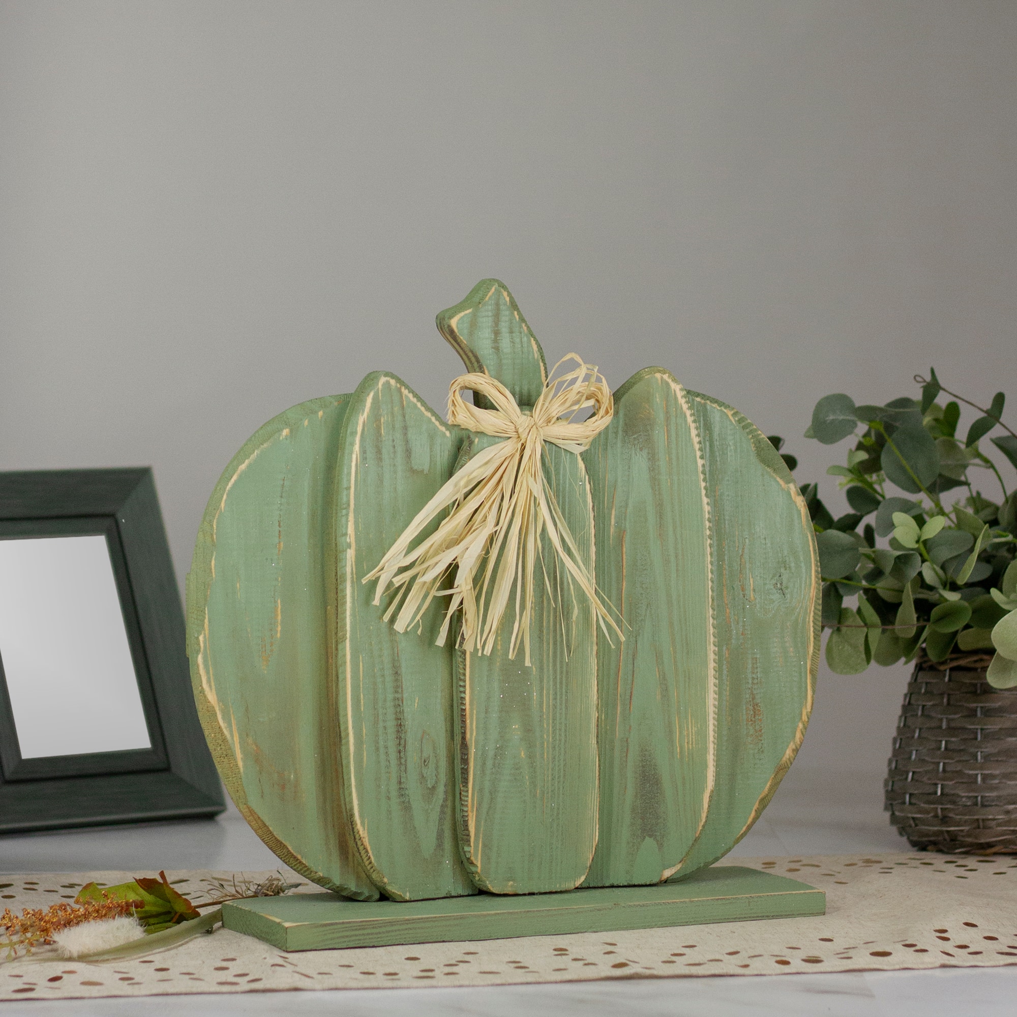 14&#x22; Green Slatted Halloween Tabletop Pumpkin with Bow