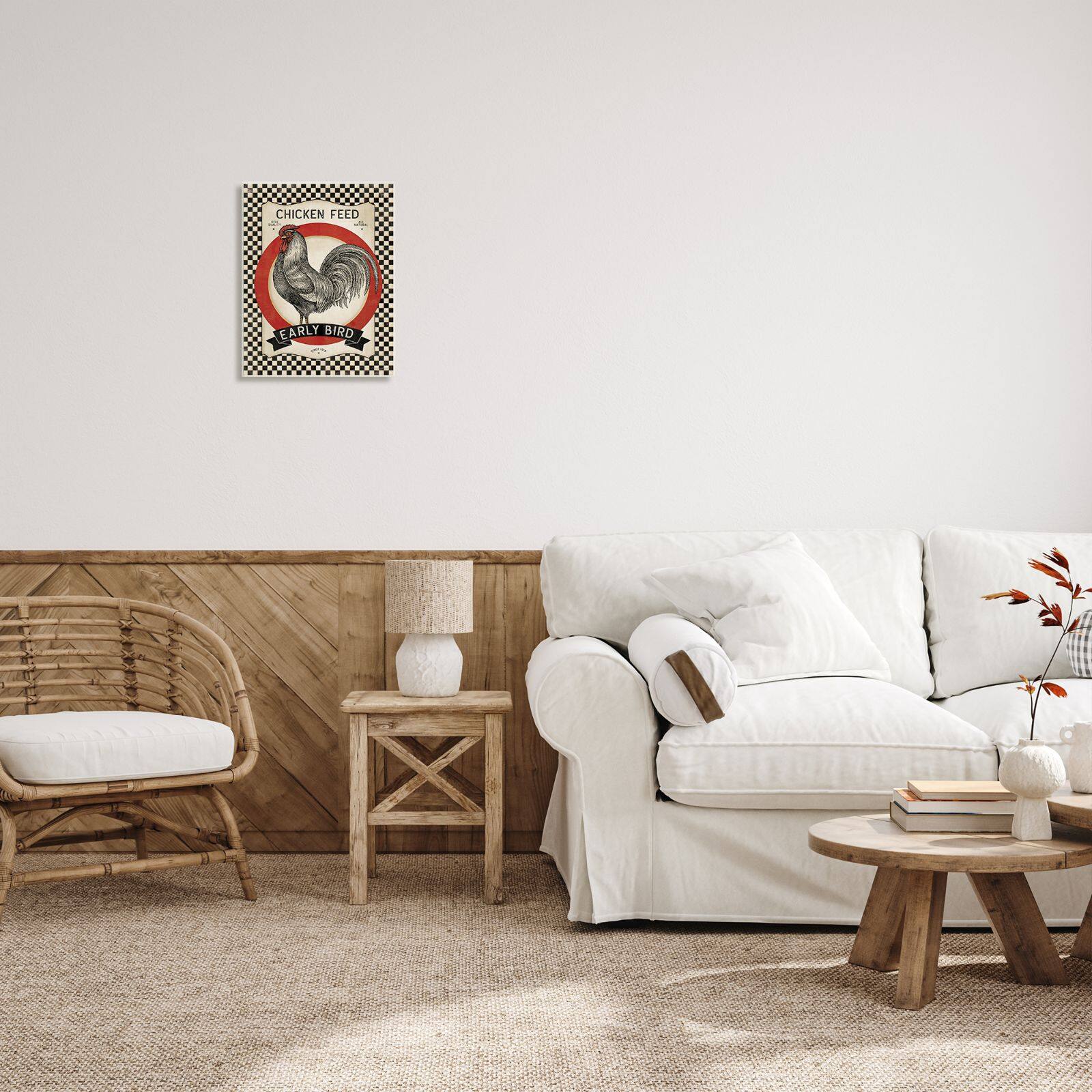 Stupell Industries Vintage Farmhouse Chicken Feed Advertisement Rooster Checkered Pattern Wall Plaque