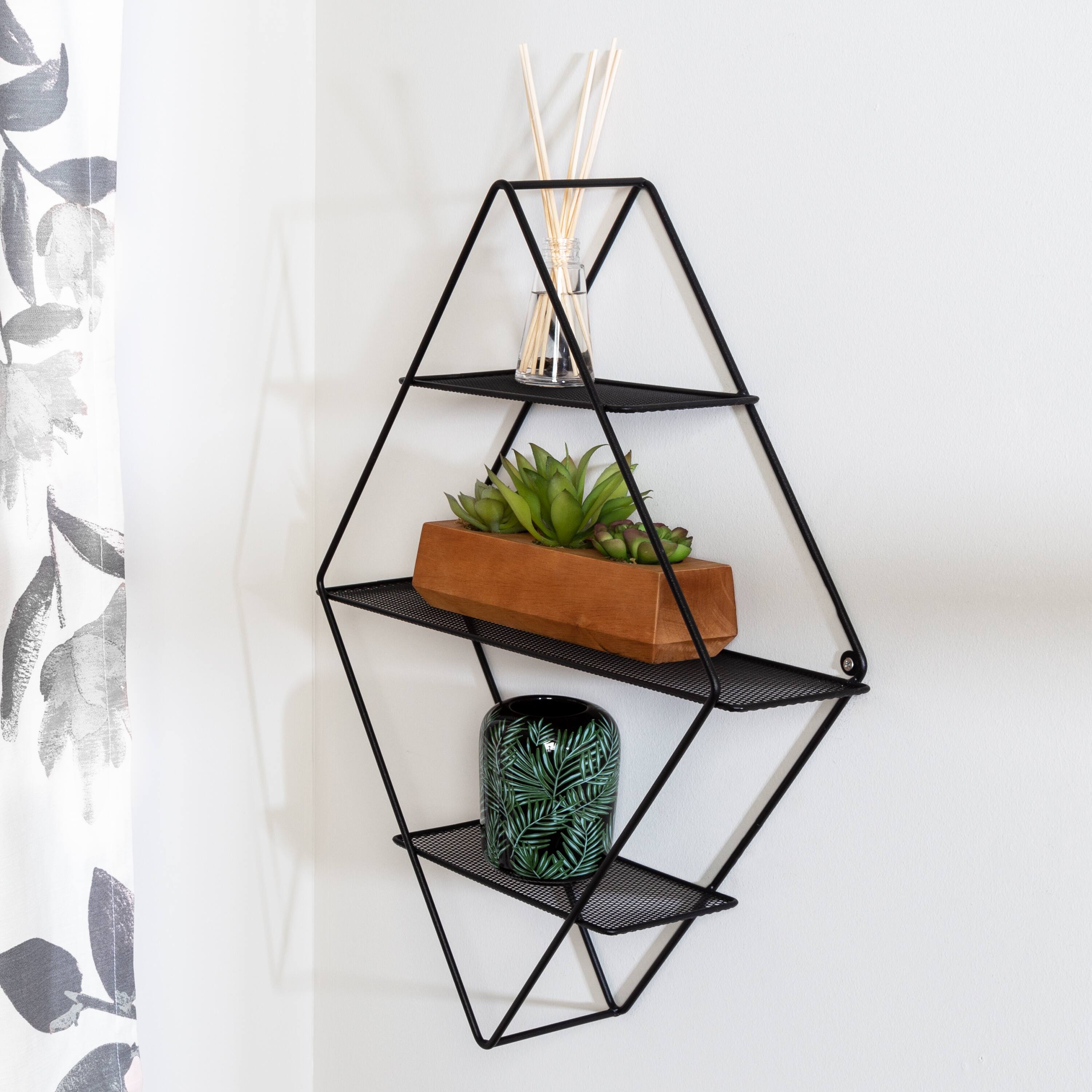Honey Can Do 24" Black Three-Tier Diamond-Shaped Decorative Metal Wall Shelf