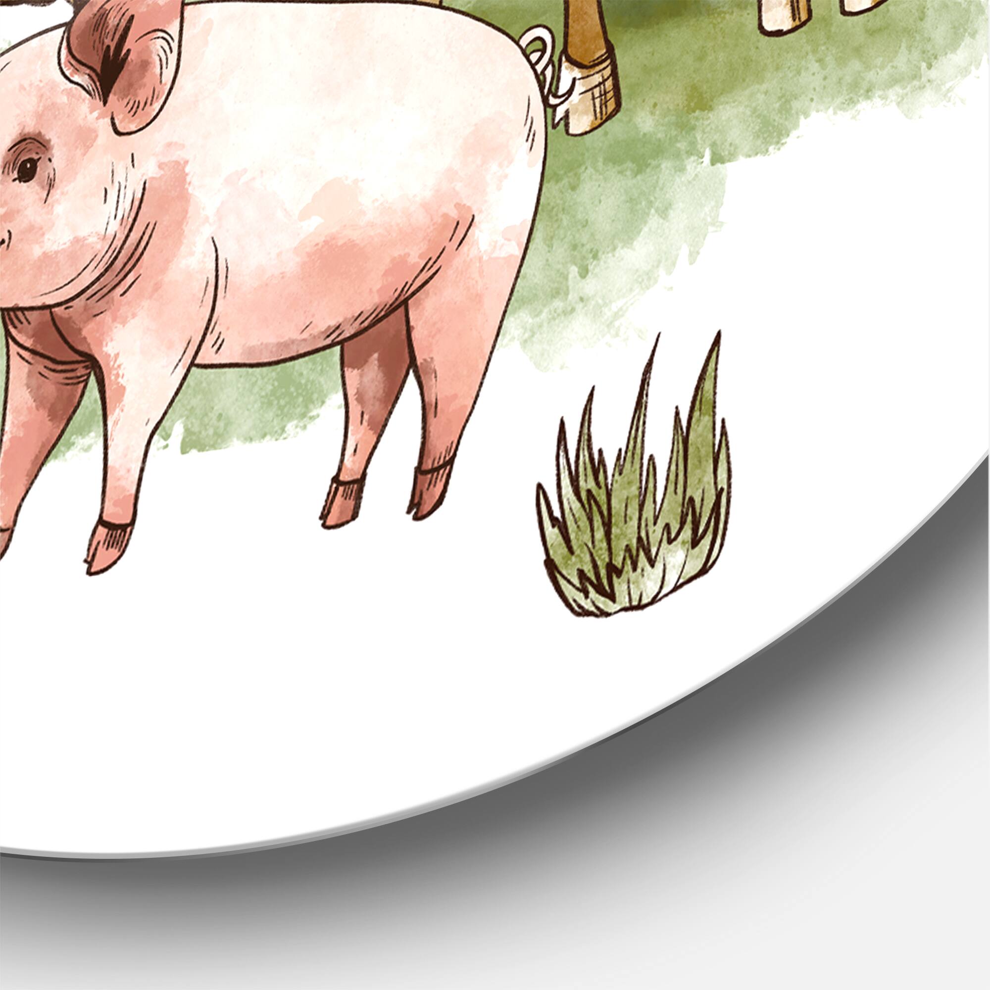 Designart - Farm House With Goose Chicken Cow Pig and Haystack - Rustic Metal Circle Wall Art