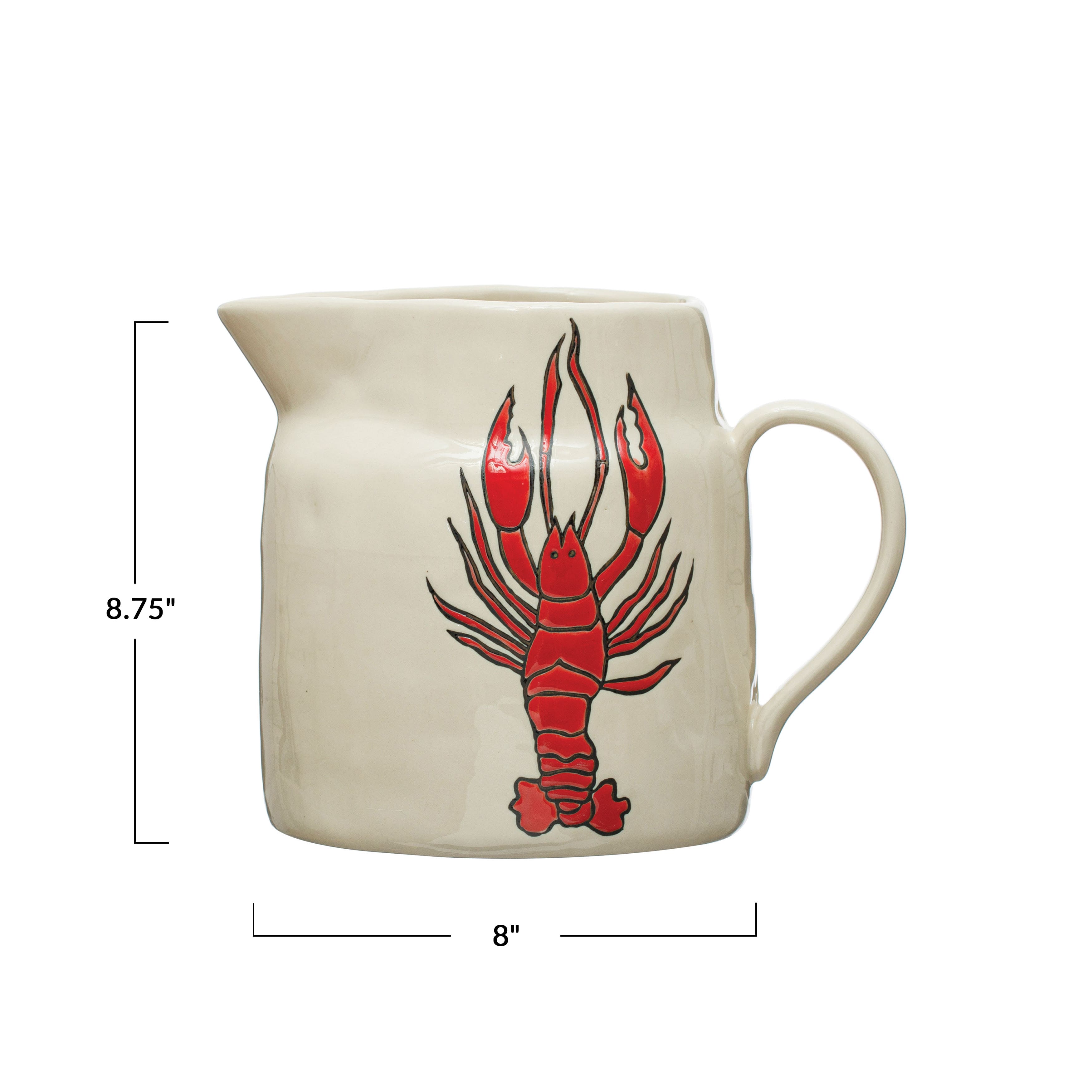 8&#x22; Wax Relief Lobster Illustration Coastal Stoneware Pitcher 