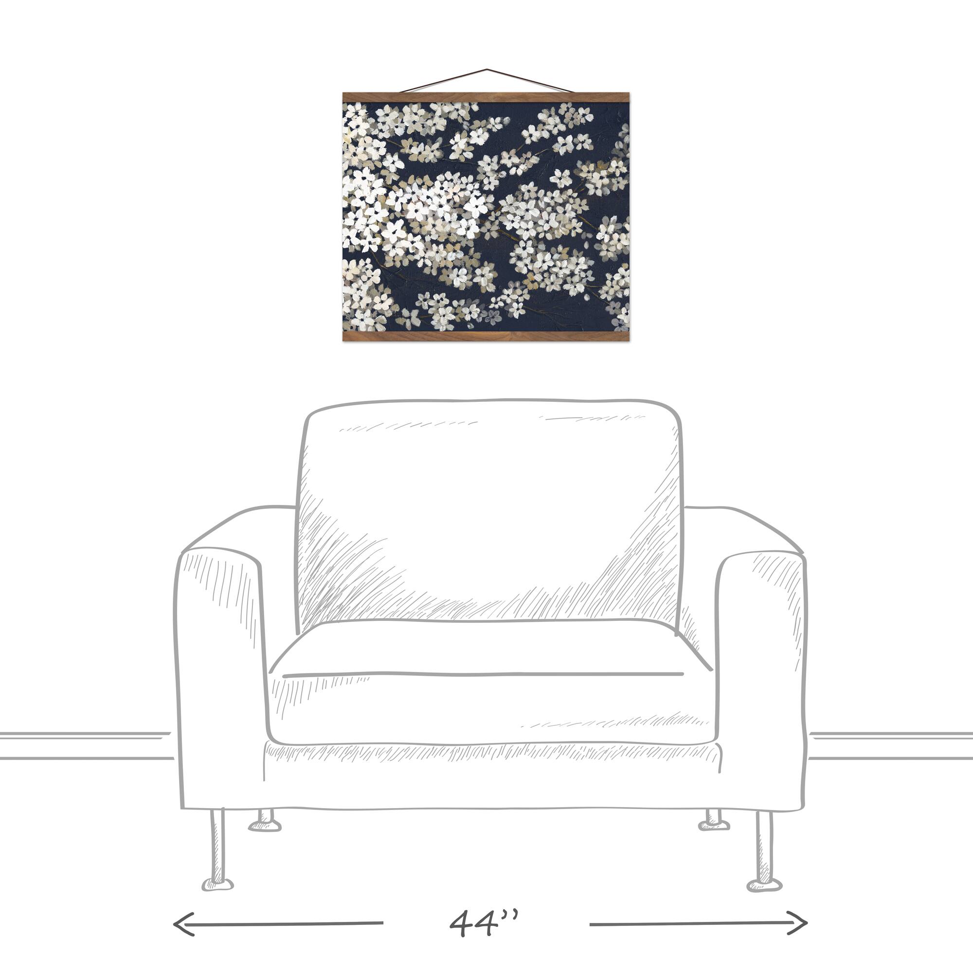 White Blossoms on Navy Teak Hanging Canvas