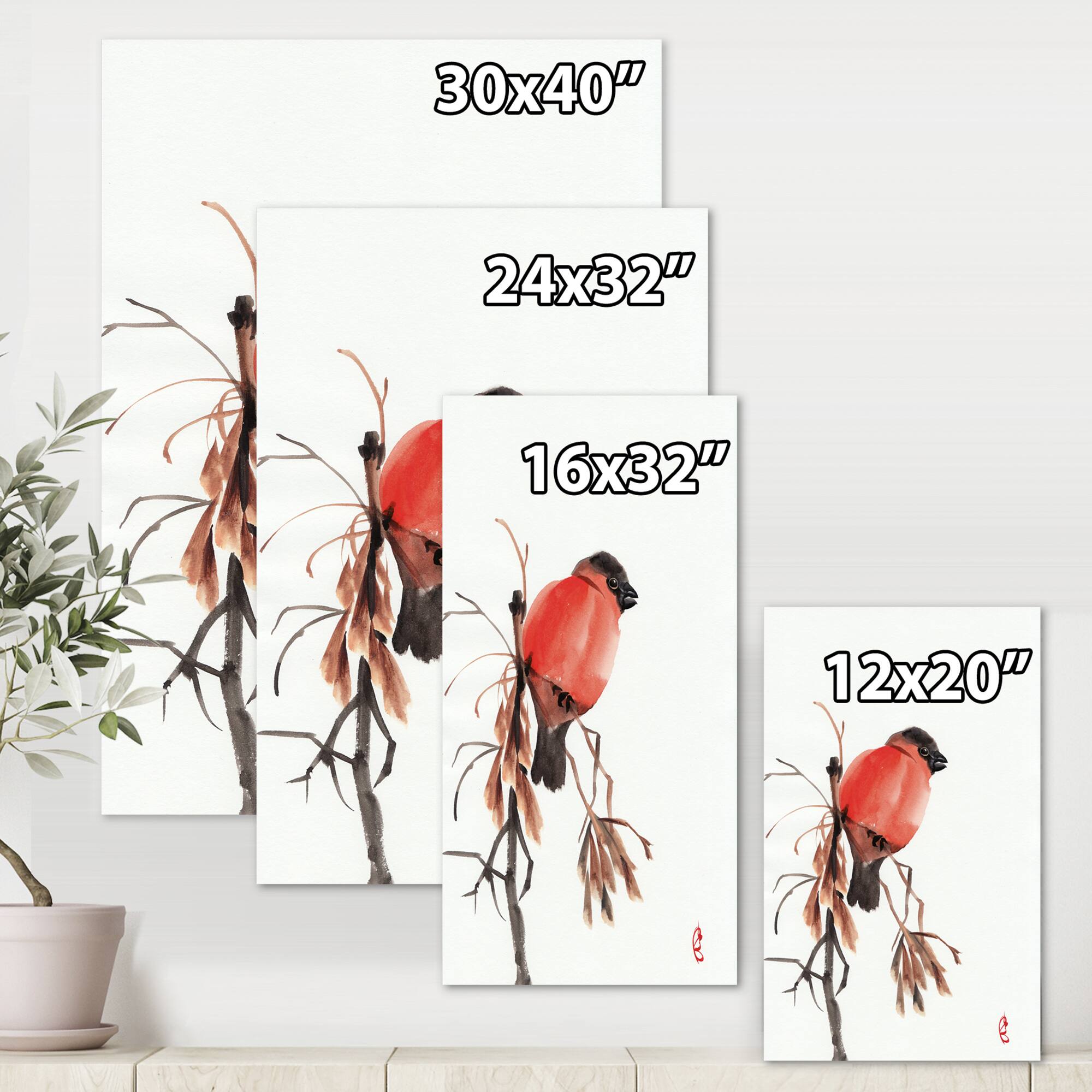 Designart - Red Bullfinch Bird On A Branch - Traditional Canvas Wall Art Print
