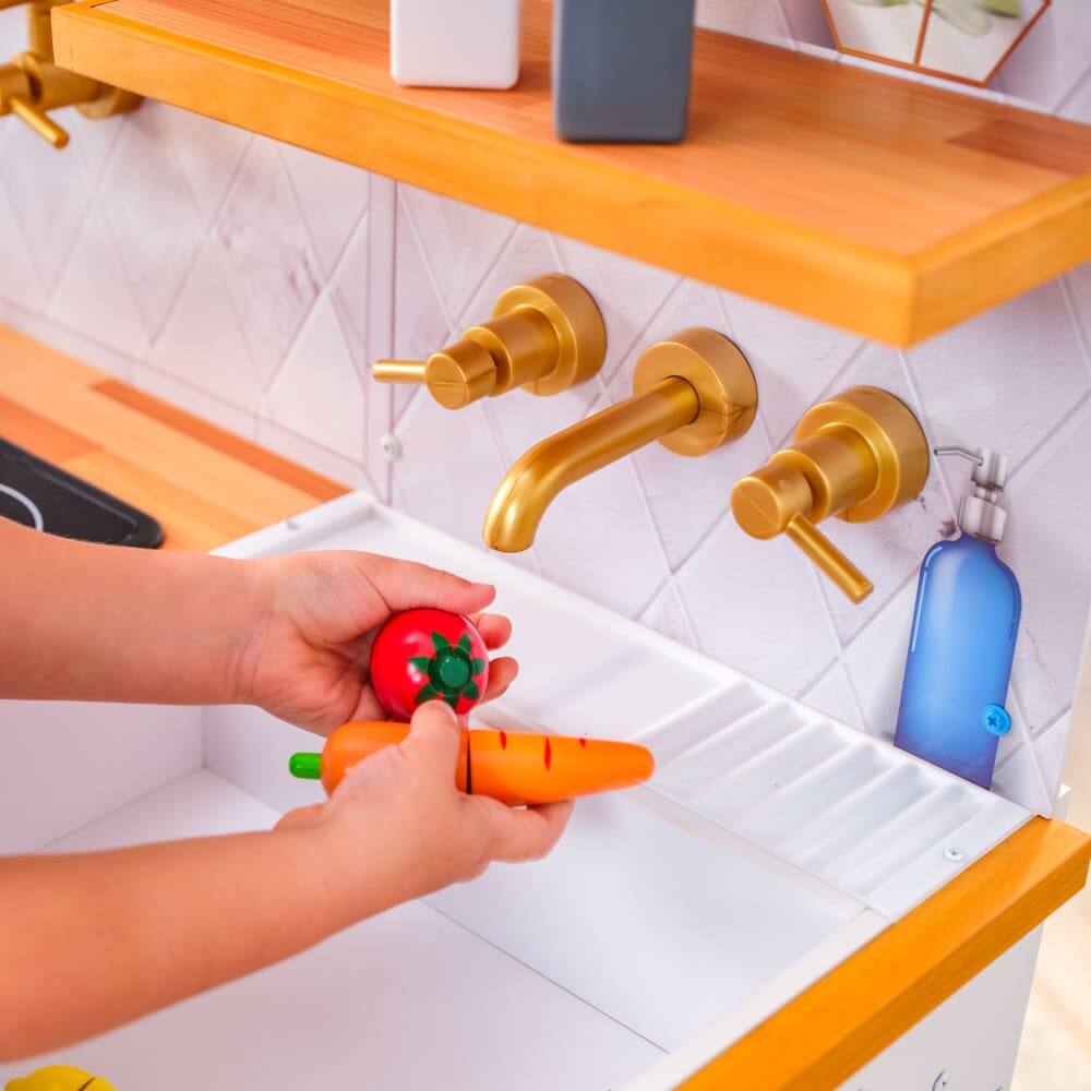 KidKraft Simply Stylish Wooden Play Kitchen Set with Lights, Choppable Food & Accessories