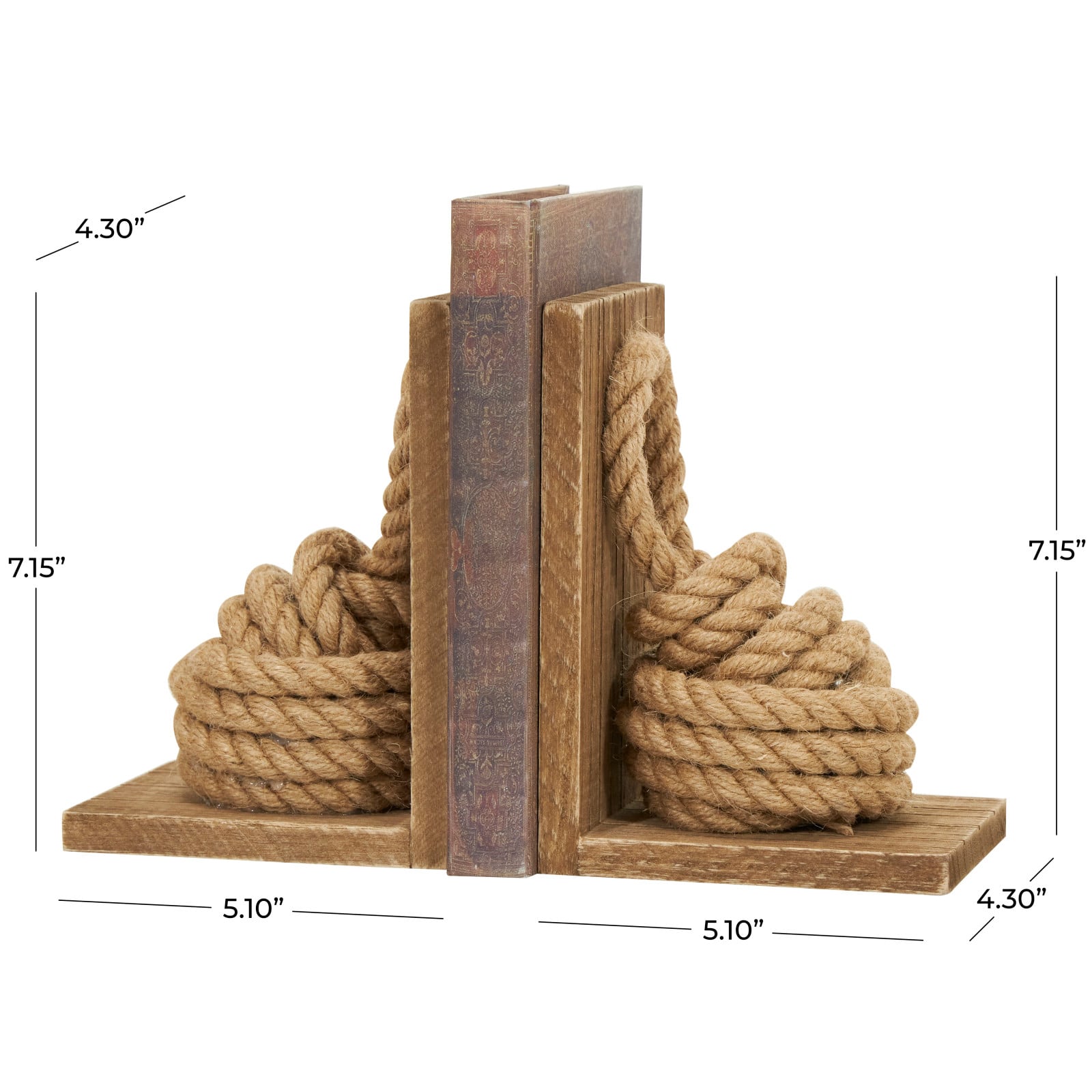 7&#x22; Brown Wood Knot Rope Bookends with Distressed L-Shaped Stands Set