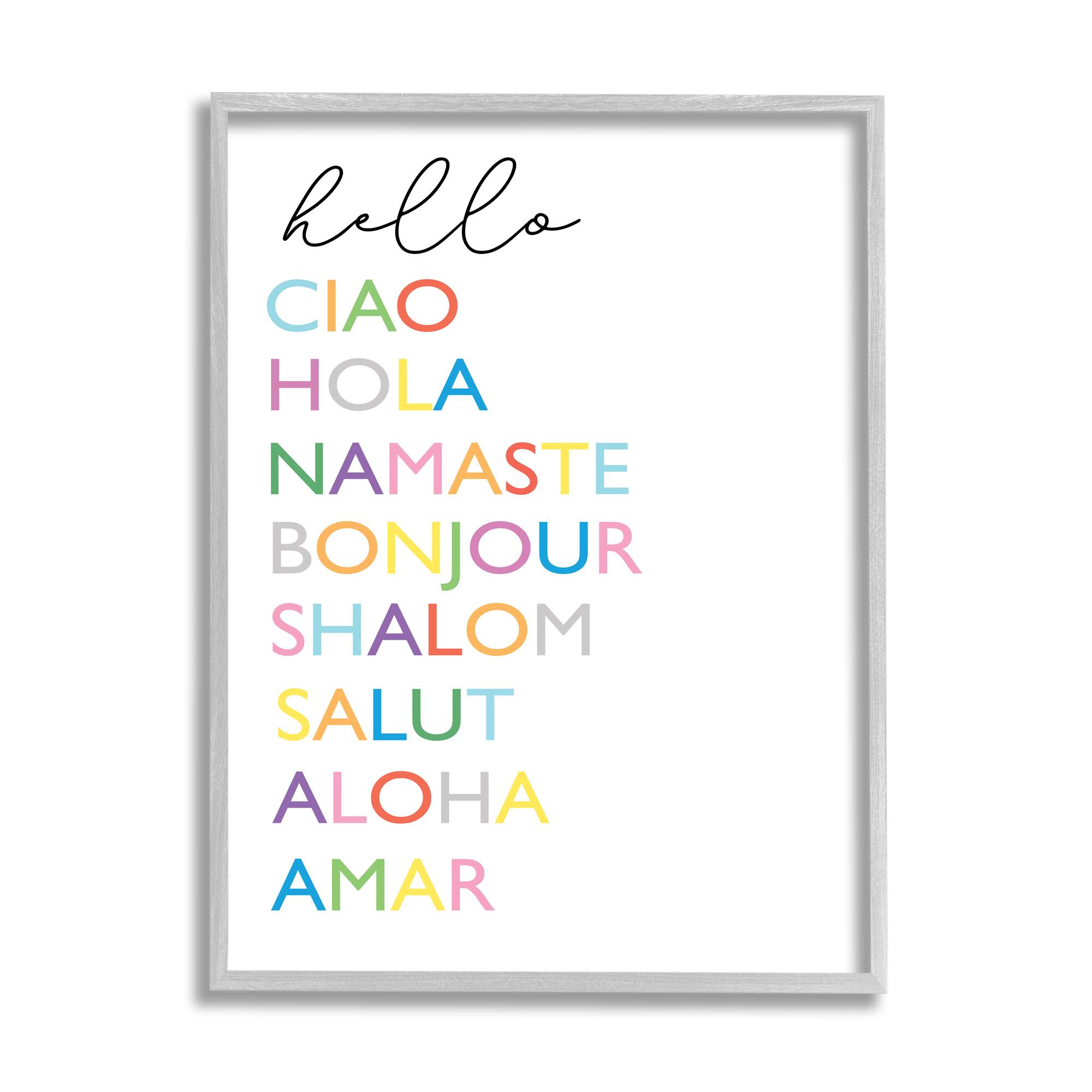 Stupell Industries Hello Ciao Hola Namaste Greetings Rainbow Typography in Gray Frame Wall Art