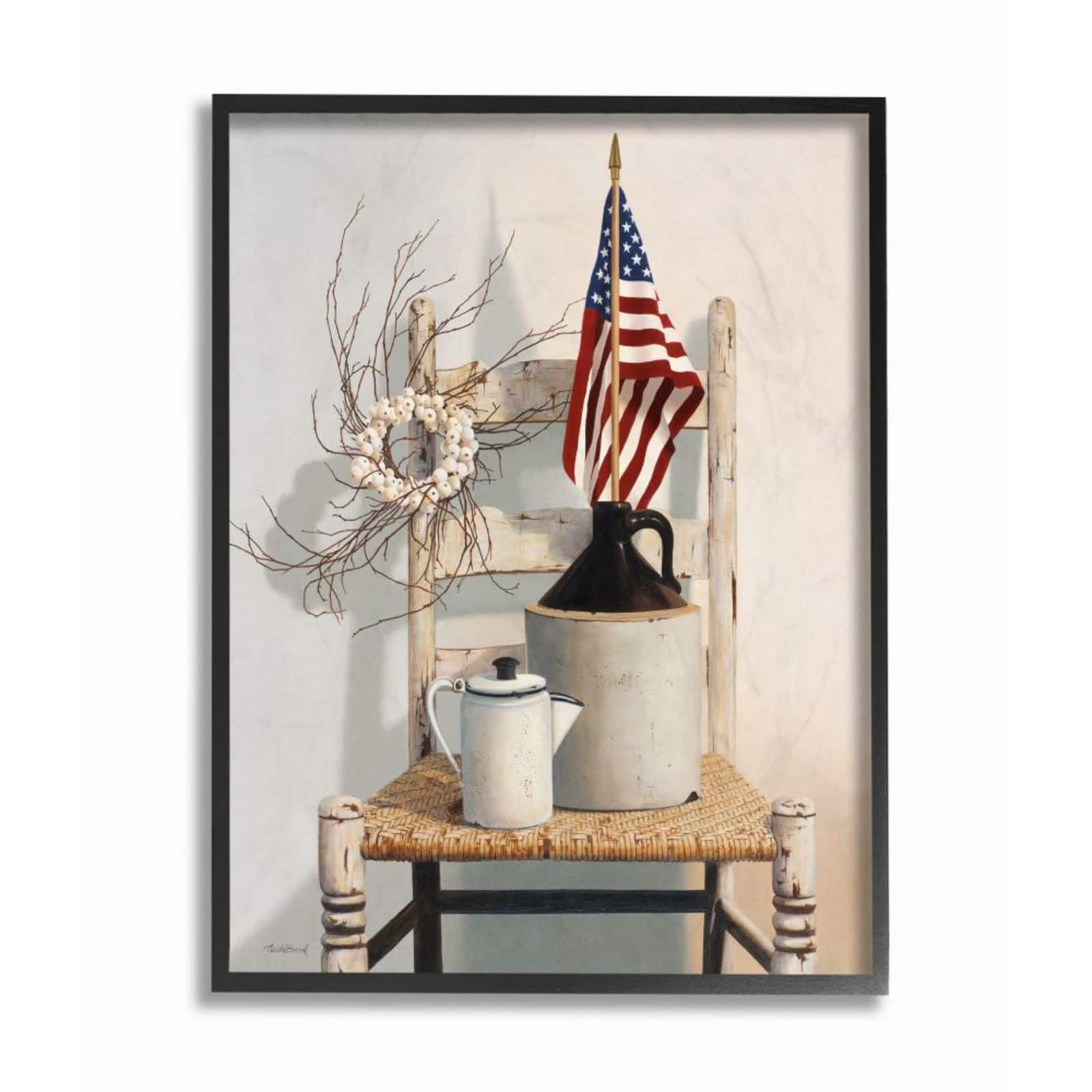 Stupell Industries American Flag Rustic Things Still Life Wall Art in Black Frame