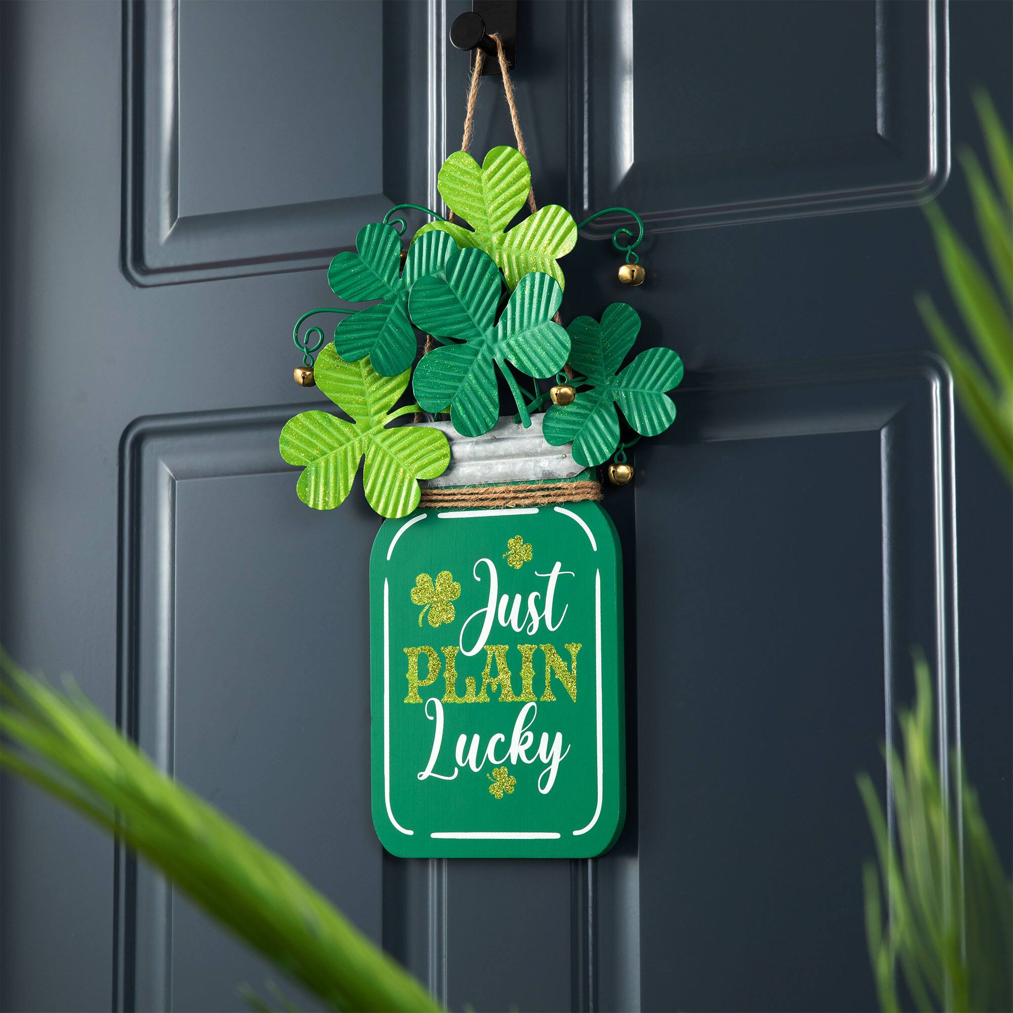 Glitzhome® 16" St. Patrick's Wooden Mason Jar with Shamrock Door Hanger
