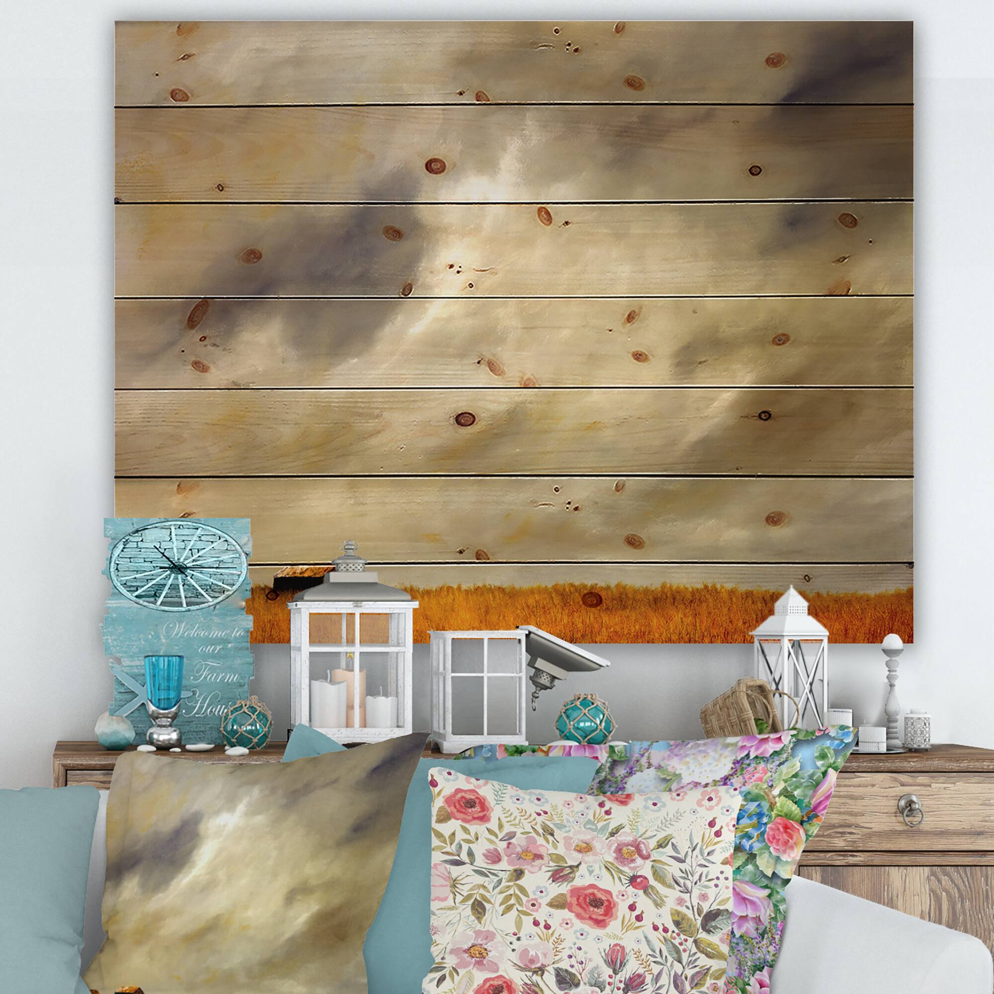 Designart - Desert Farmhouse Under Cloudy Sky in Washington I - Farmhouse Print on Natural Pine Wood