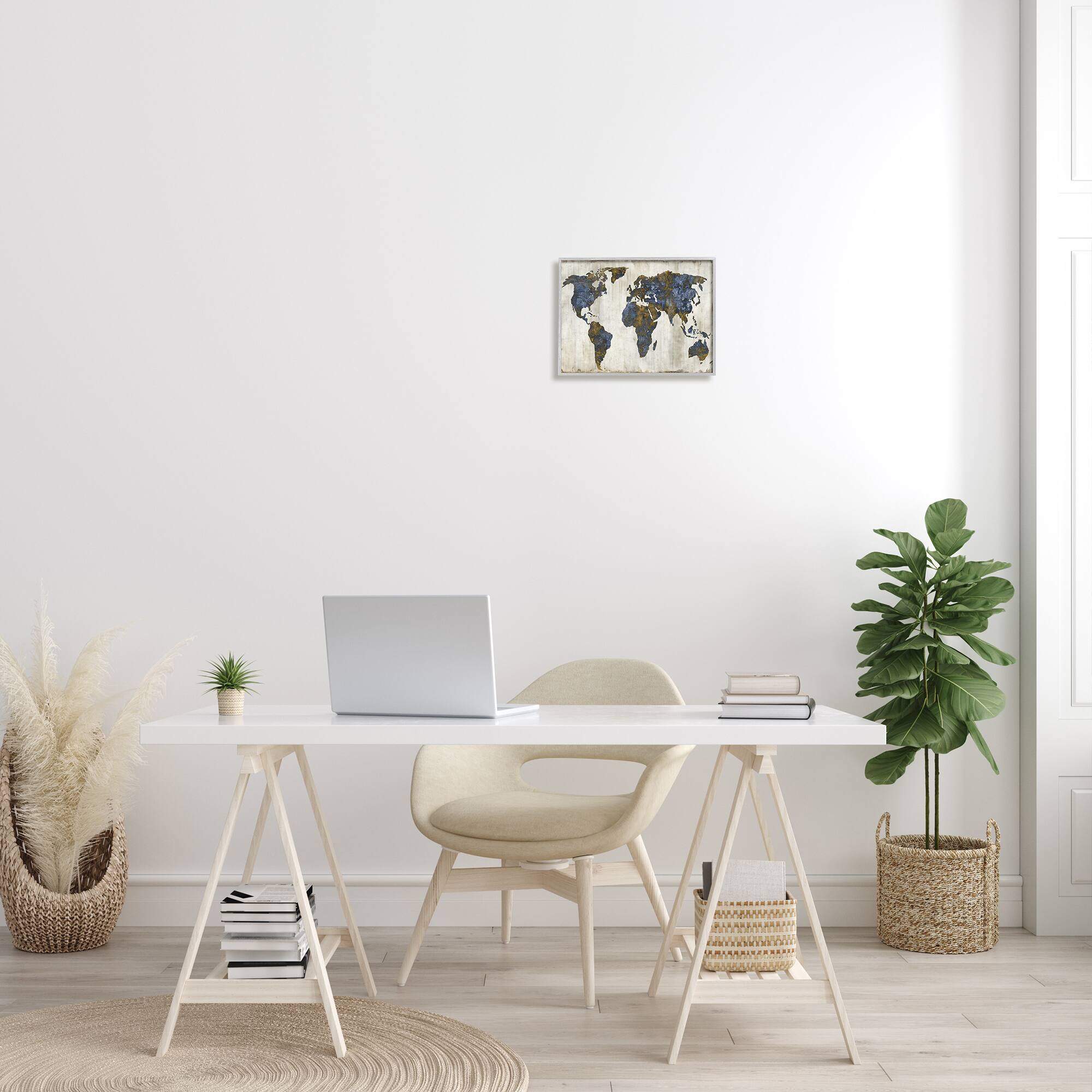 Stupell Industries Gold & Blue World Map Design Wall Art in Gray Frame