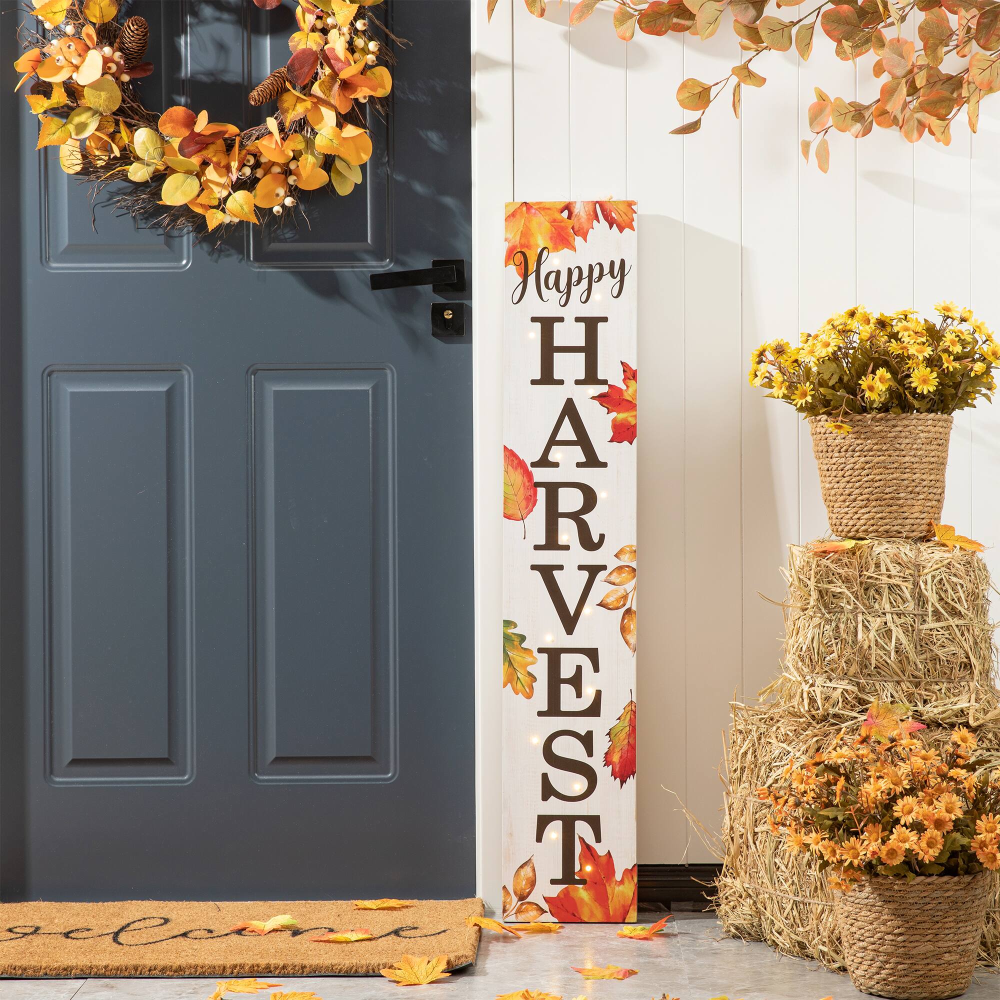 Glitzhome&#xAE; 42&#x22; Fall Lighted Maple Leaves Wooden Porch Sign with Timer