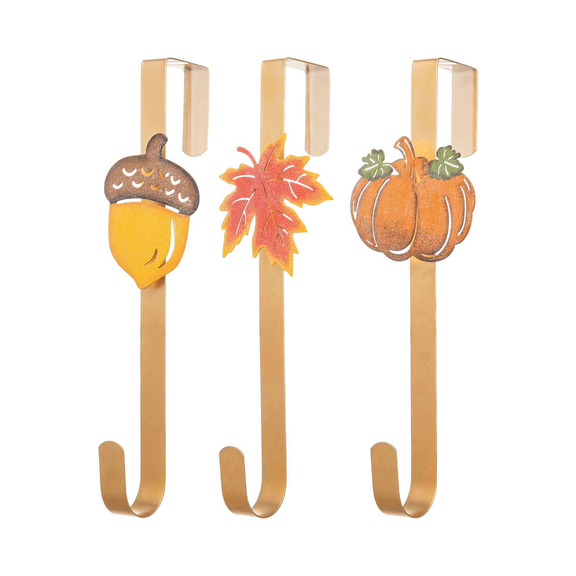 Glitzhome&#xAE; 14&#x22; Fall Metal Acorn, Leaf &#x26; Pumpkin Wreath Hanger Set