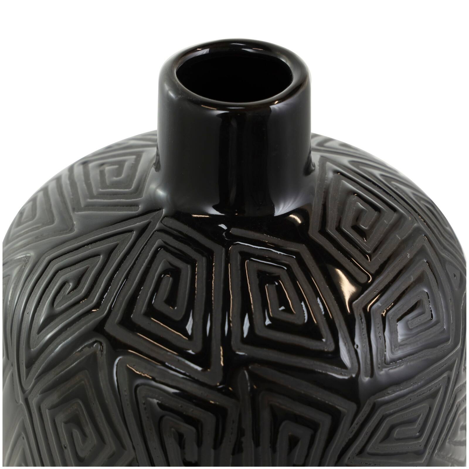 15" Black Geometric Etched Ceramic Vase