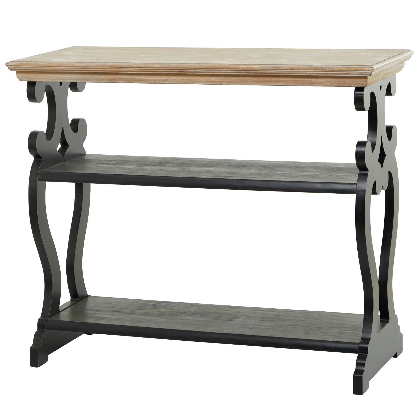 Black Wood Scroll Side Frames 2 Shelves Console Table with Brown Wood Top 38&#x22; x 15&#x22; x 32&#x22;
