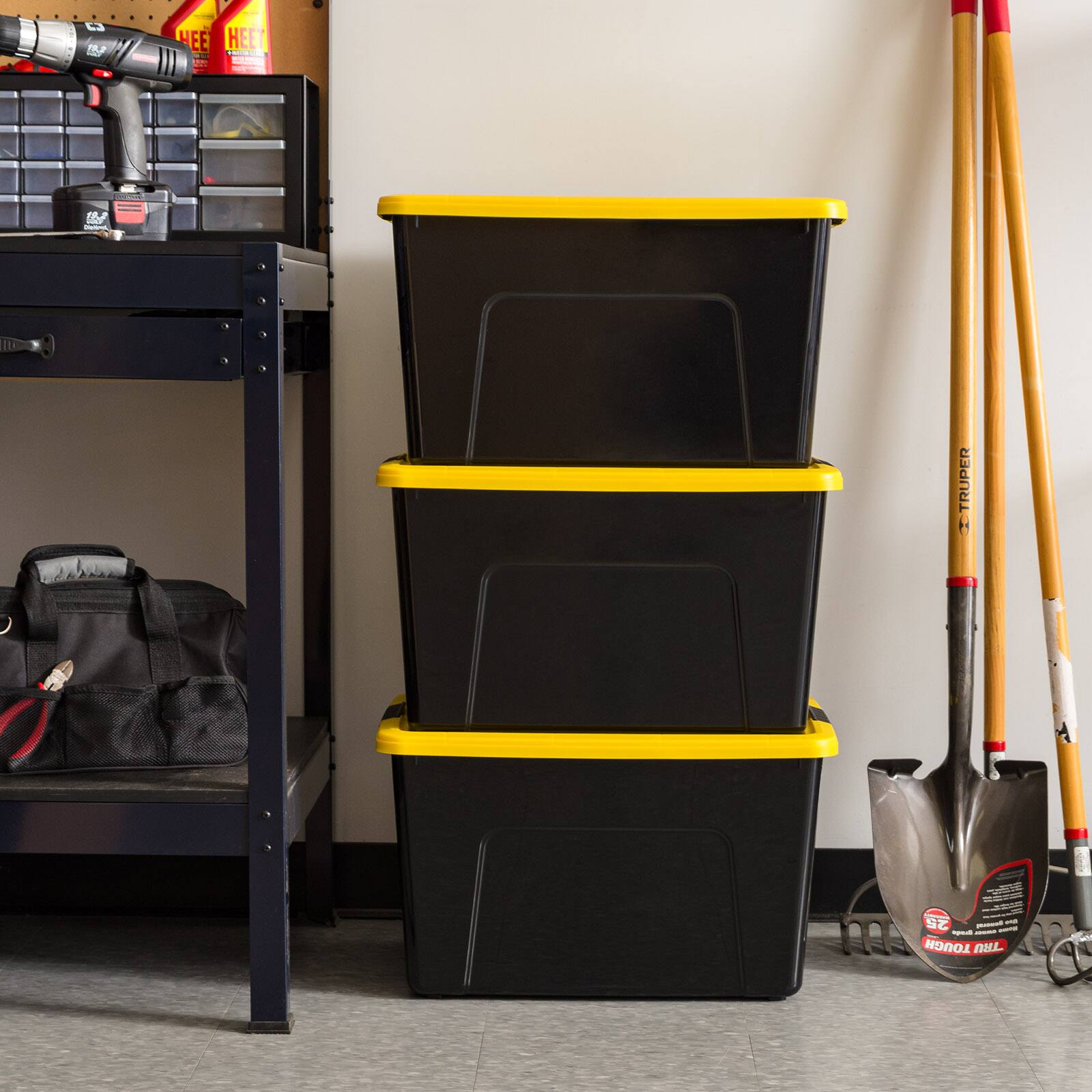 IRIS&#xAE; 60qt. Buckled Black Boxes with Yellow Buckle Lids, 6ct.