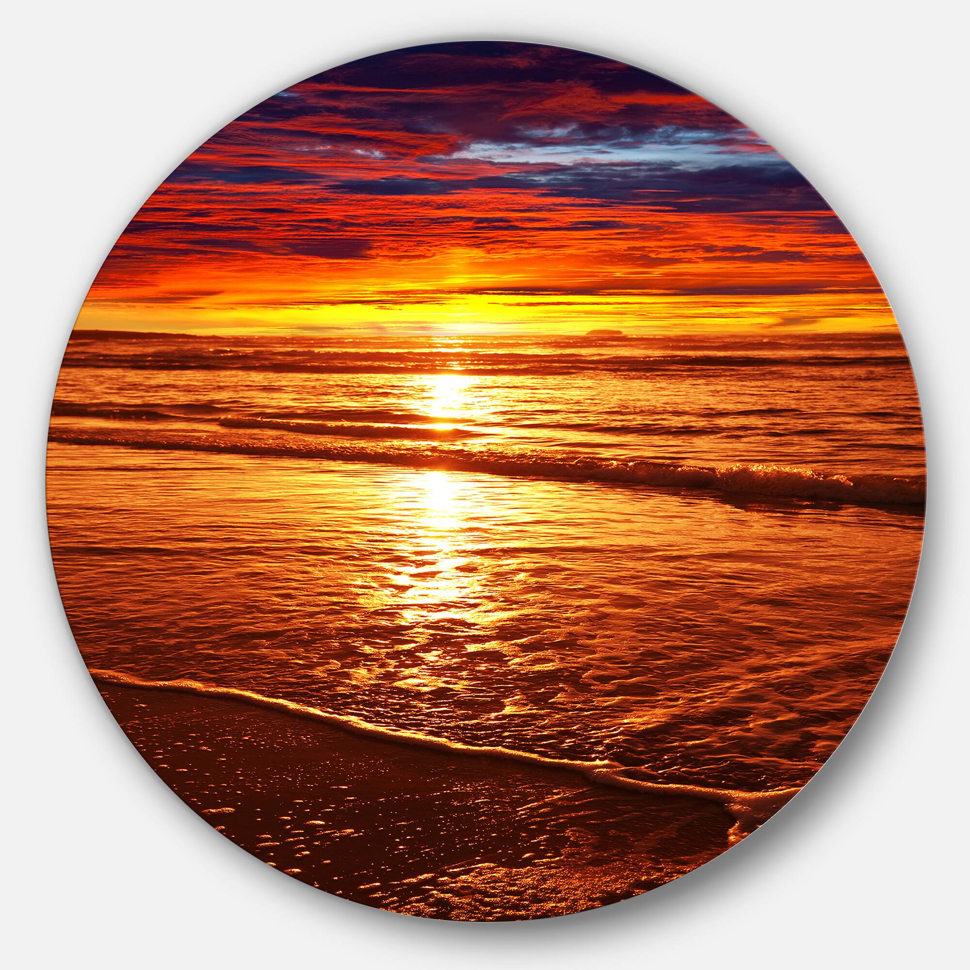 Designart - Colorful Sunset Mirrored in Waters' Beach Metal Circle Wall Art