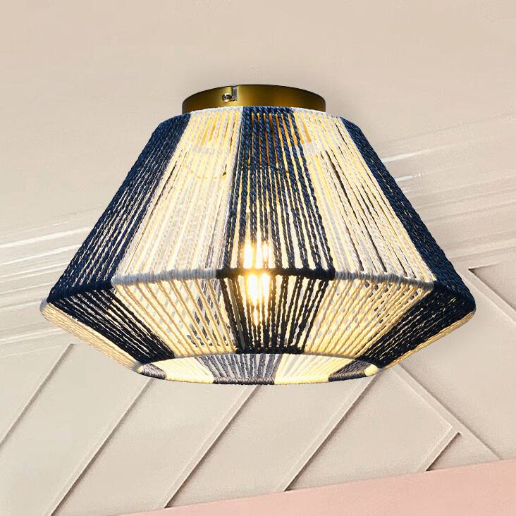 Navy &#x26; White Flush Mount Ceiling Light with Woven Paper Rope Shade