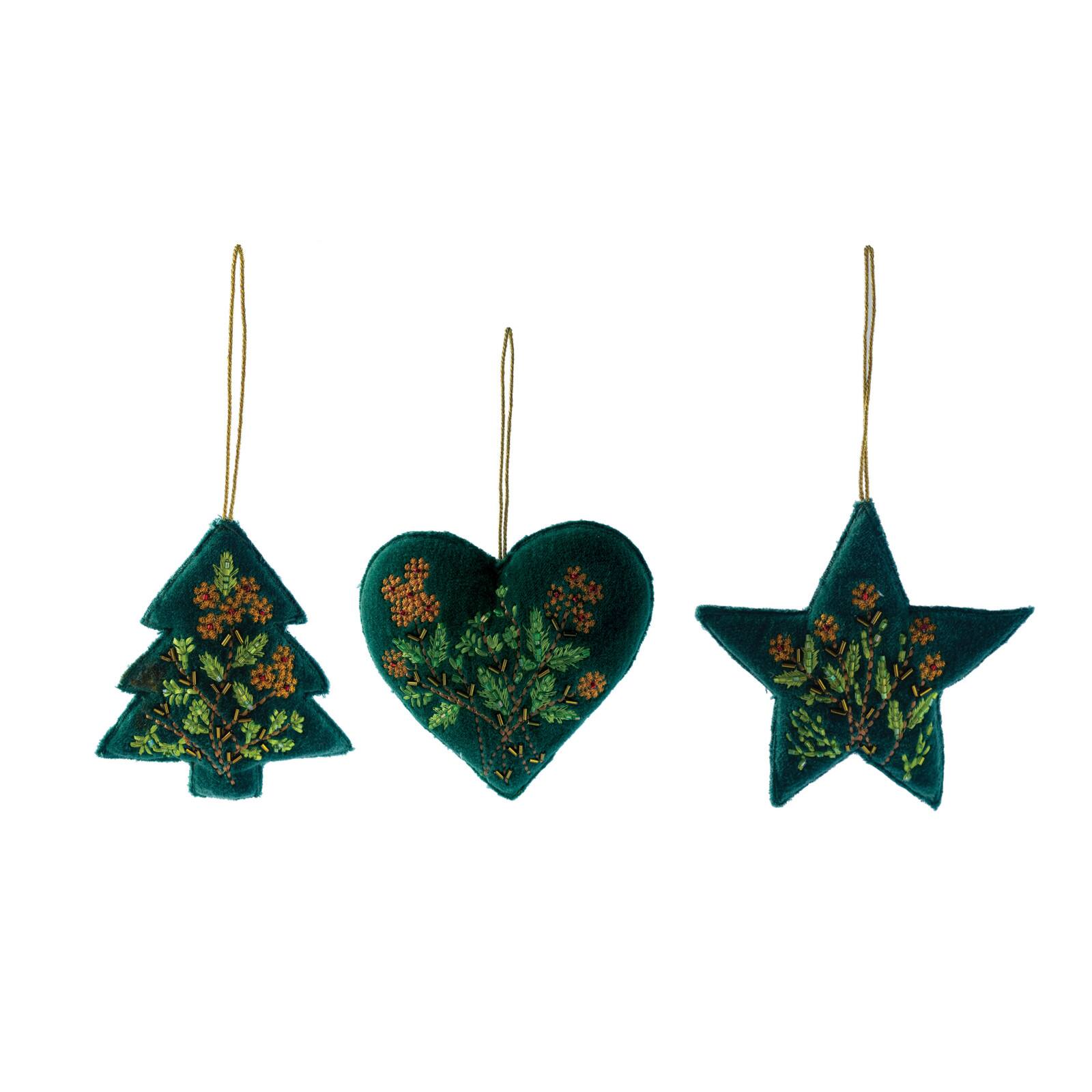 Hello Honey&#xAE; 3 Pack Beaded &#x26; Embroidered Heart, Star &#x26; Tree Cotton Velvet Ornaments