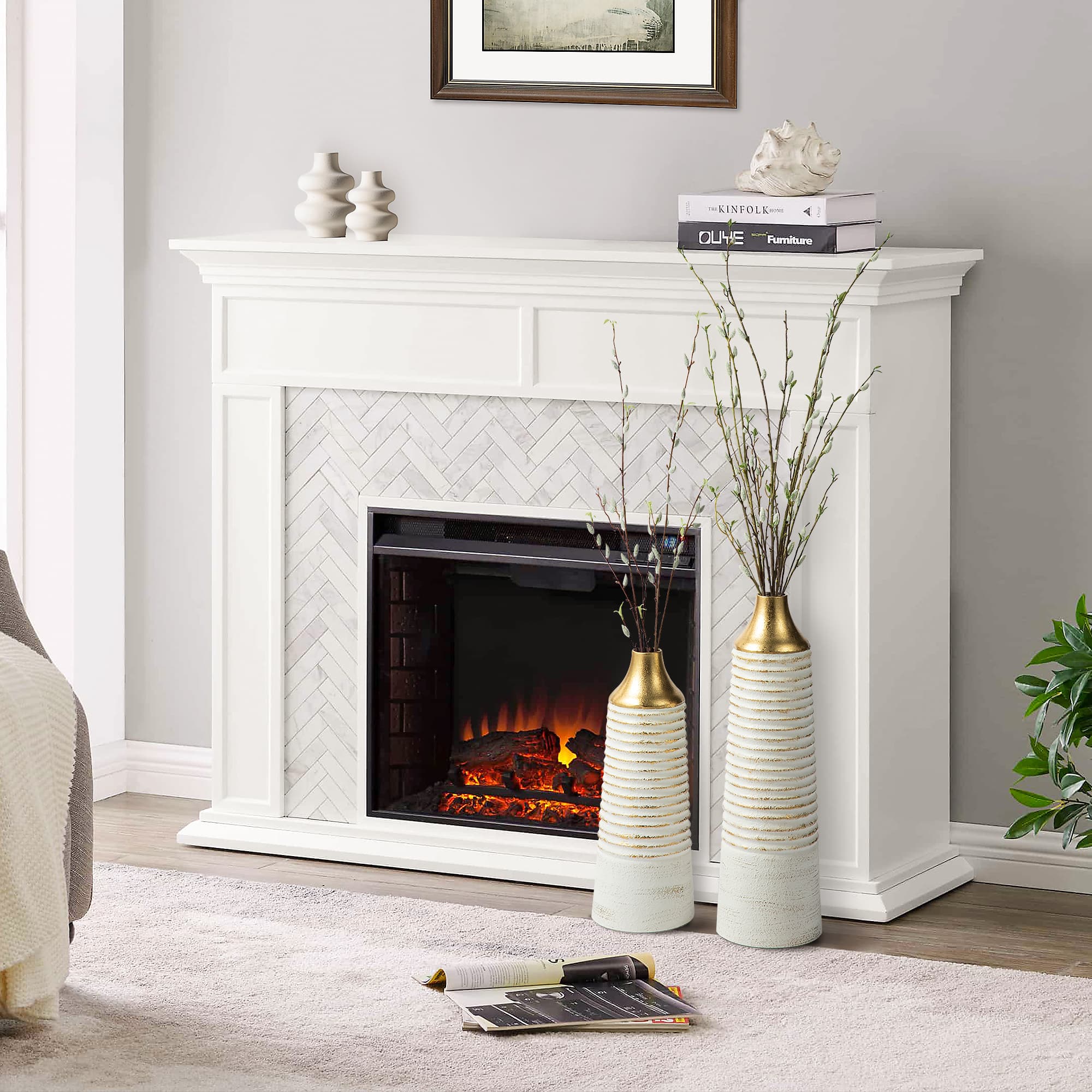 Glitzhome® Modern White & Gold Striped Metal Floor Vases Set