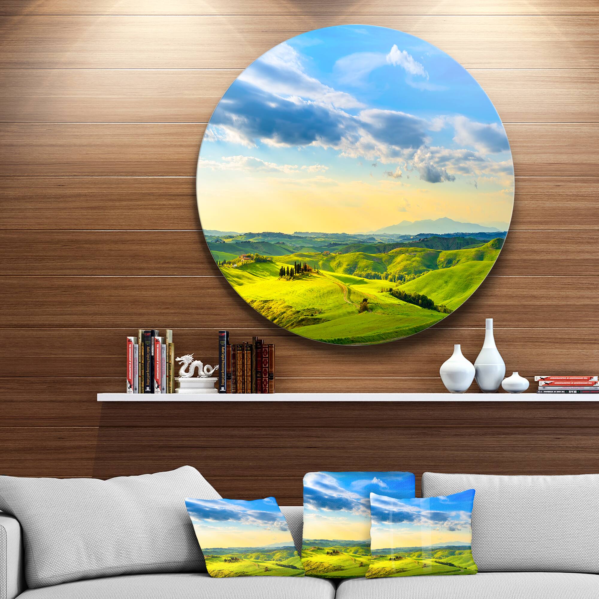 Designart - Colorful Tuscany Countryside Farm&#x27; Disc Landscape Metal Circle Wall Art