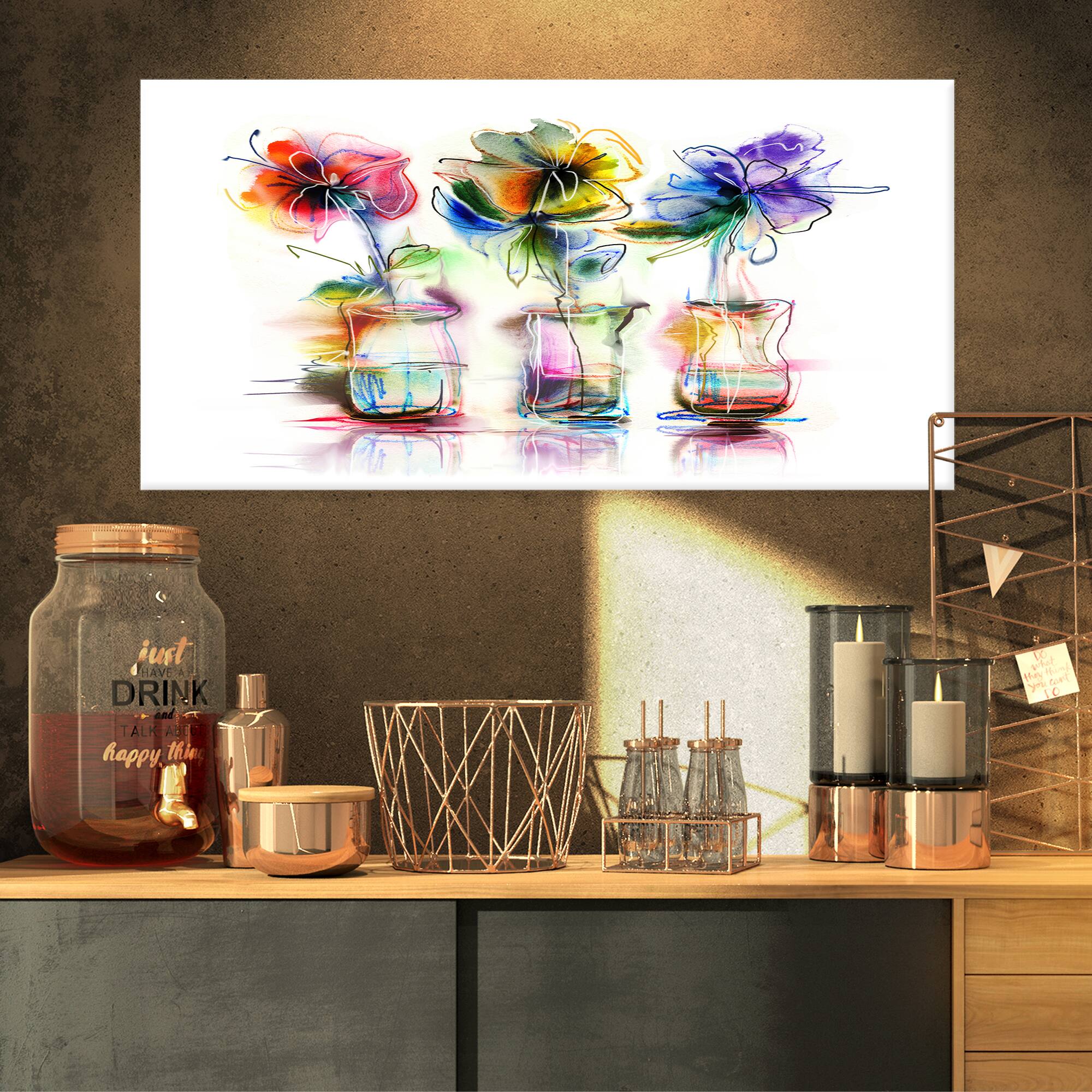 Designart - Abstract Flowers in Glass Vases - Extra Large Floral Wall Art