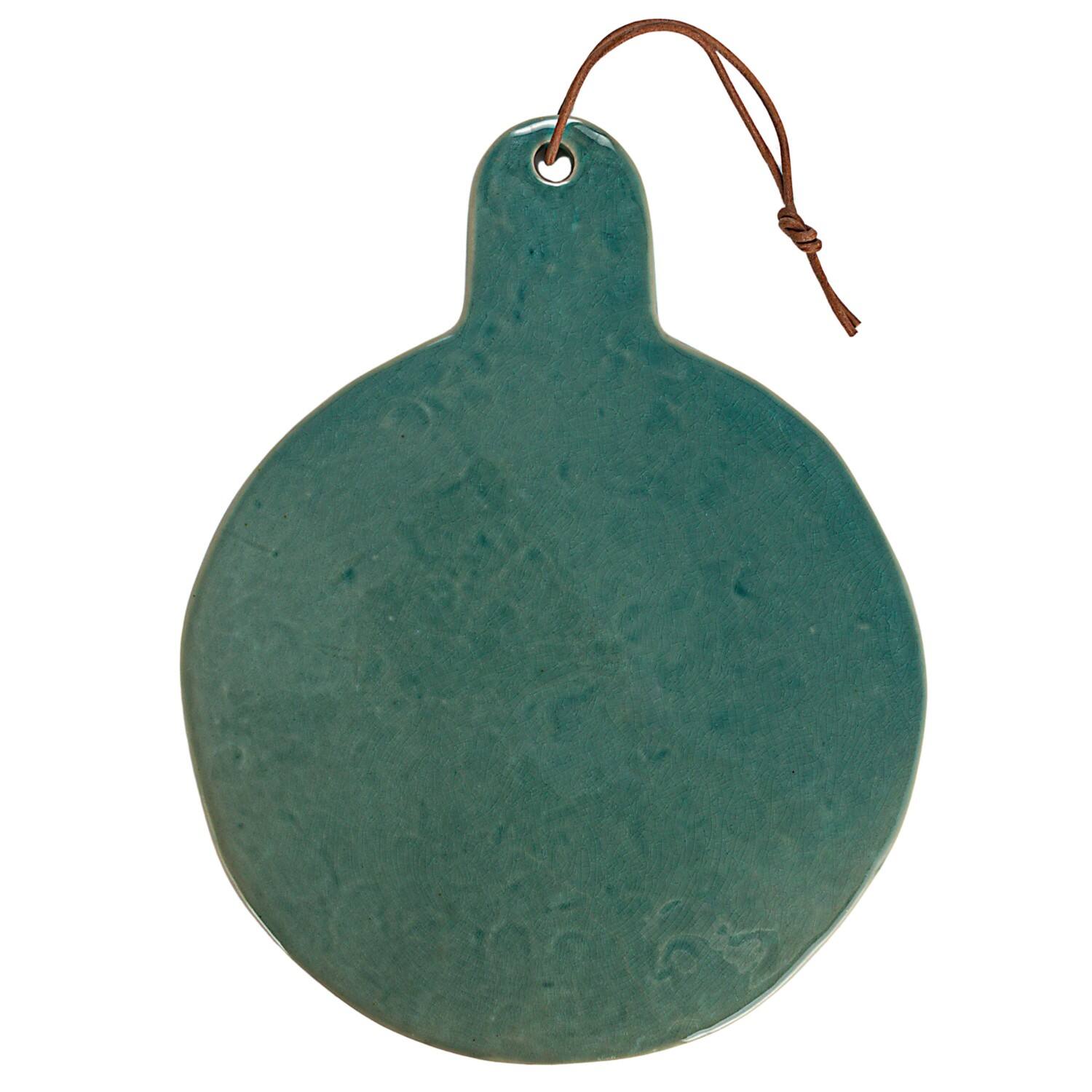 13.75" Aqua Round Stoneware Cheese Board with Leather Tie