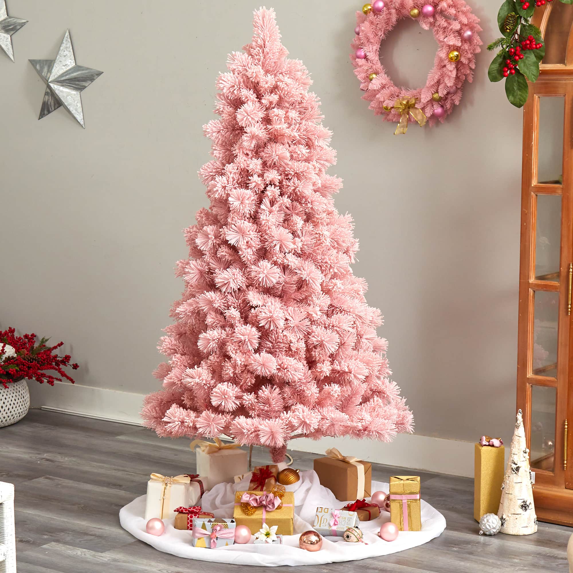 7ft. Pre-Lit Holiday Pink Cashmere Artificial Christmas Tree, White LED ...