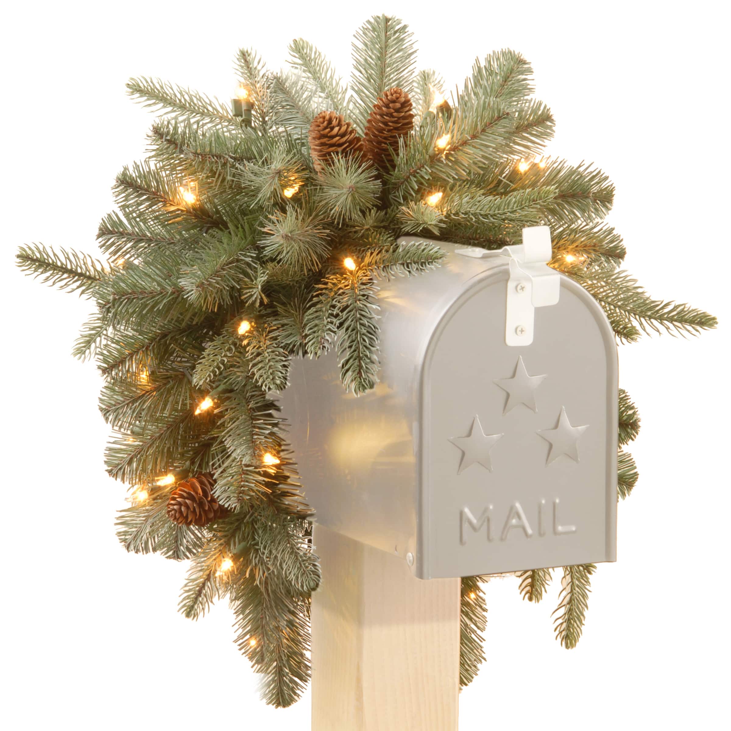 3ft. Feel Real® Frosted Arctic Spruce with Pinecone Mailbox Swag, Warm White LED Lights