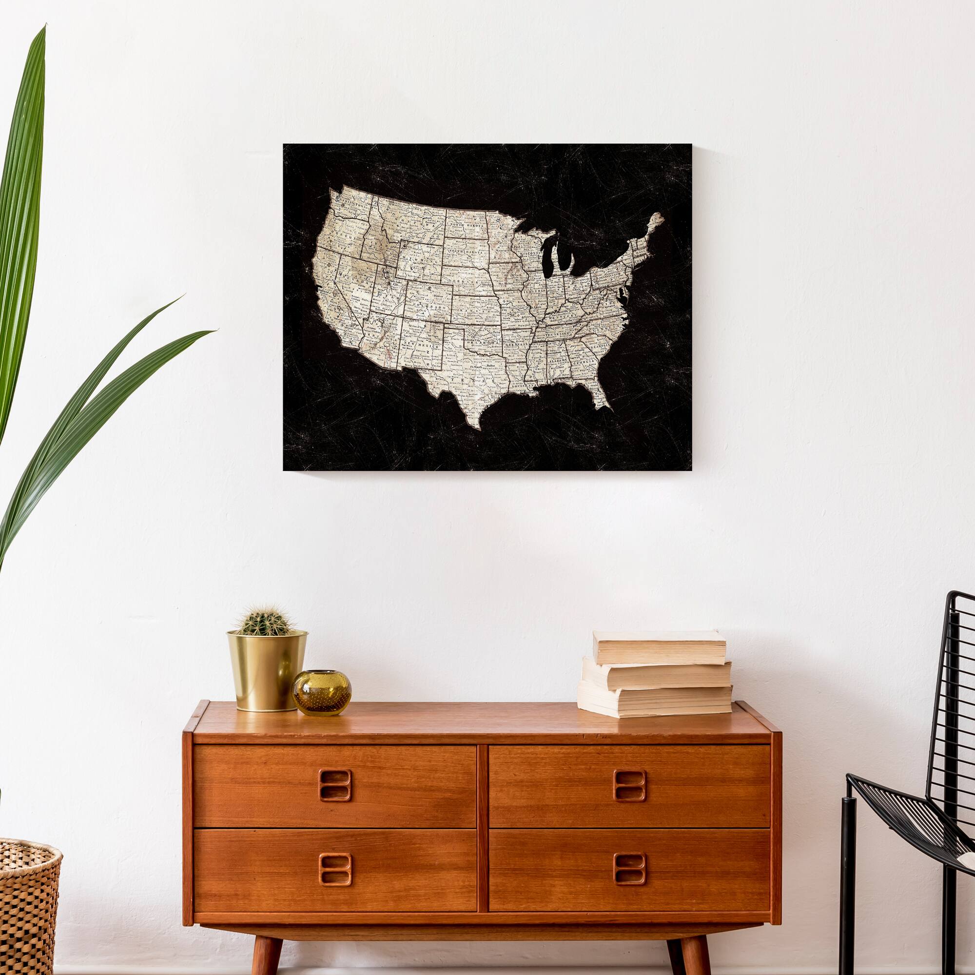 Black United States Map 20" x 16" Canvas Wall Art
