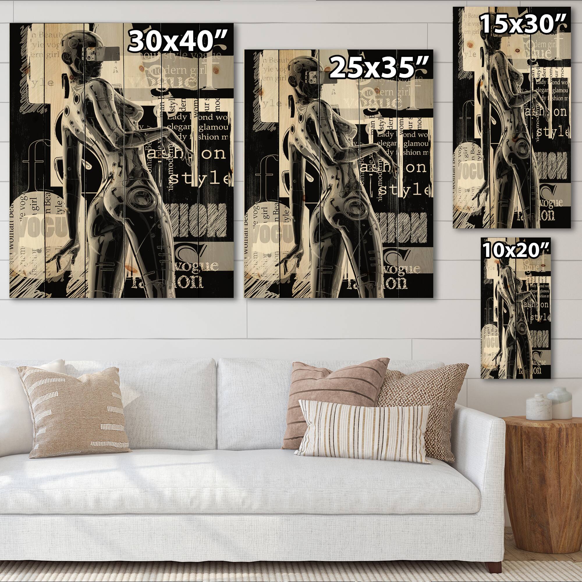 Designart - Monochrome Cyborg Body I - Modern Print on Natural Pine Wood