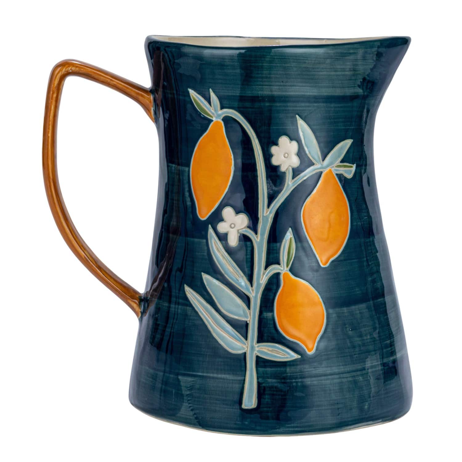 9.5&#x22; Hand-Painted Multicolor Wax Relief Flowers Stoneware Pitcher