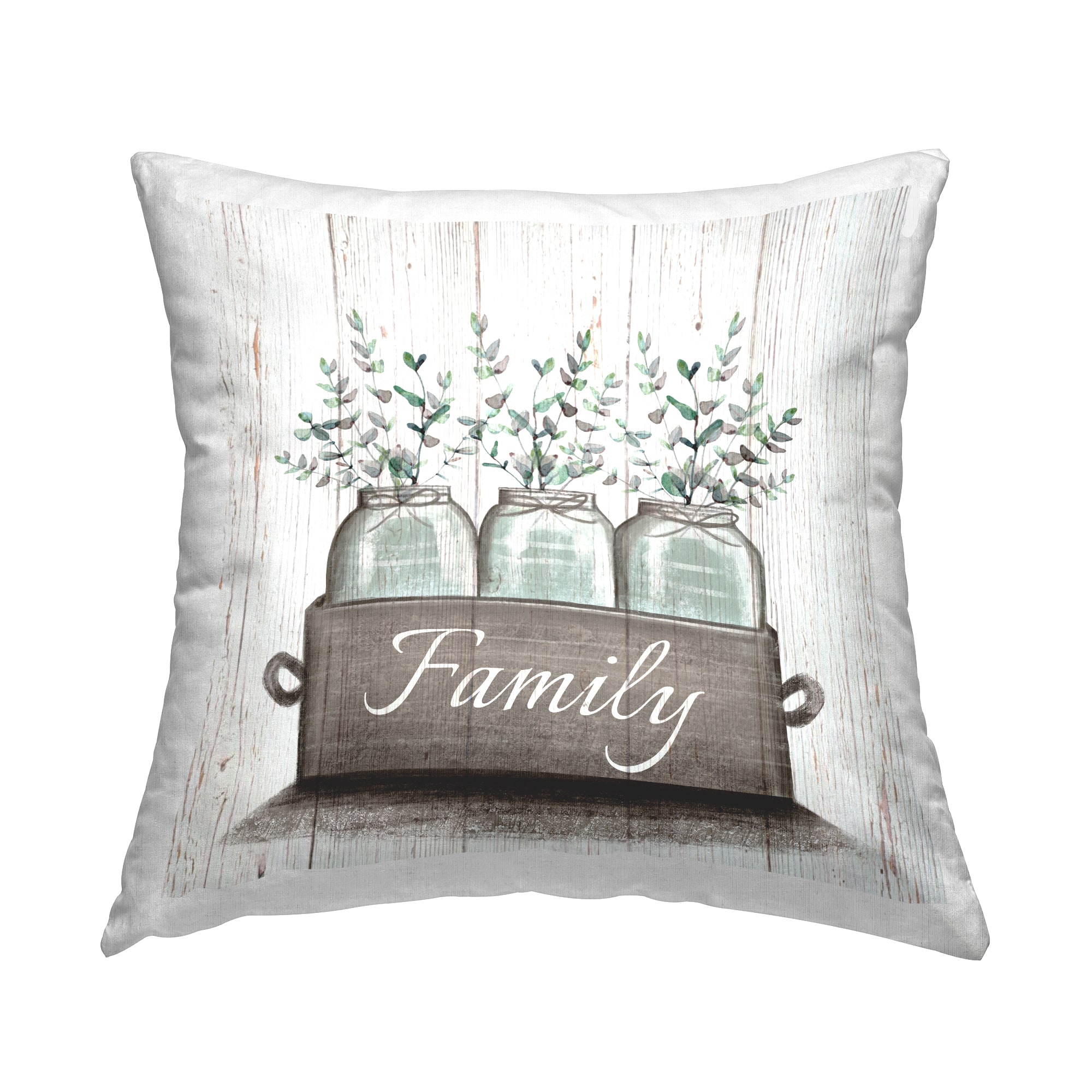 Stupell Industries Green Eucalyptus Foliage Jars with Family Sentiments Throw Pillow 18" x 18"