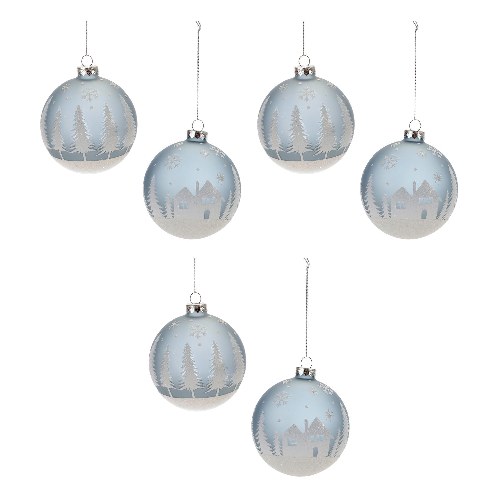 4&#x22; Frosted Forest &#x26; Village Glass Ball Ornament Set