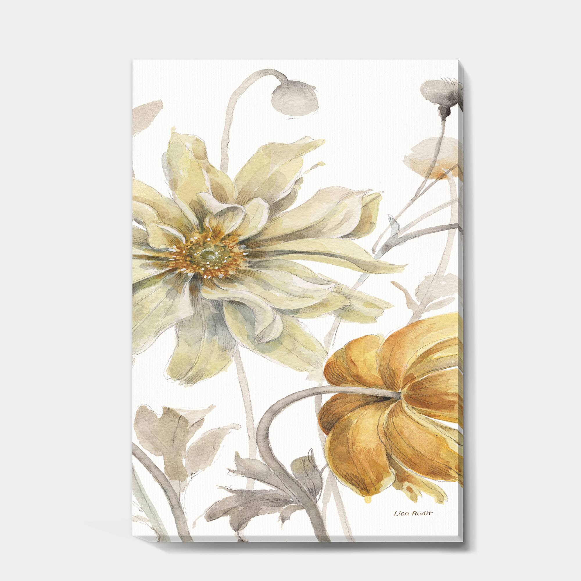 Designart - Fields of Gold Watercolor Flower I - Cabin & Lodge Gallery-wrapped Canvas