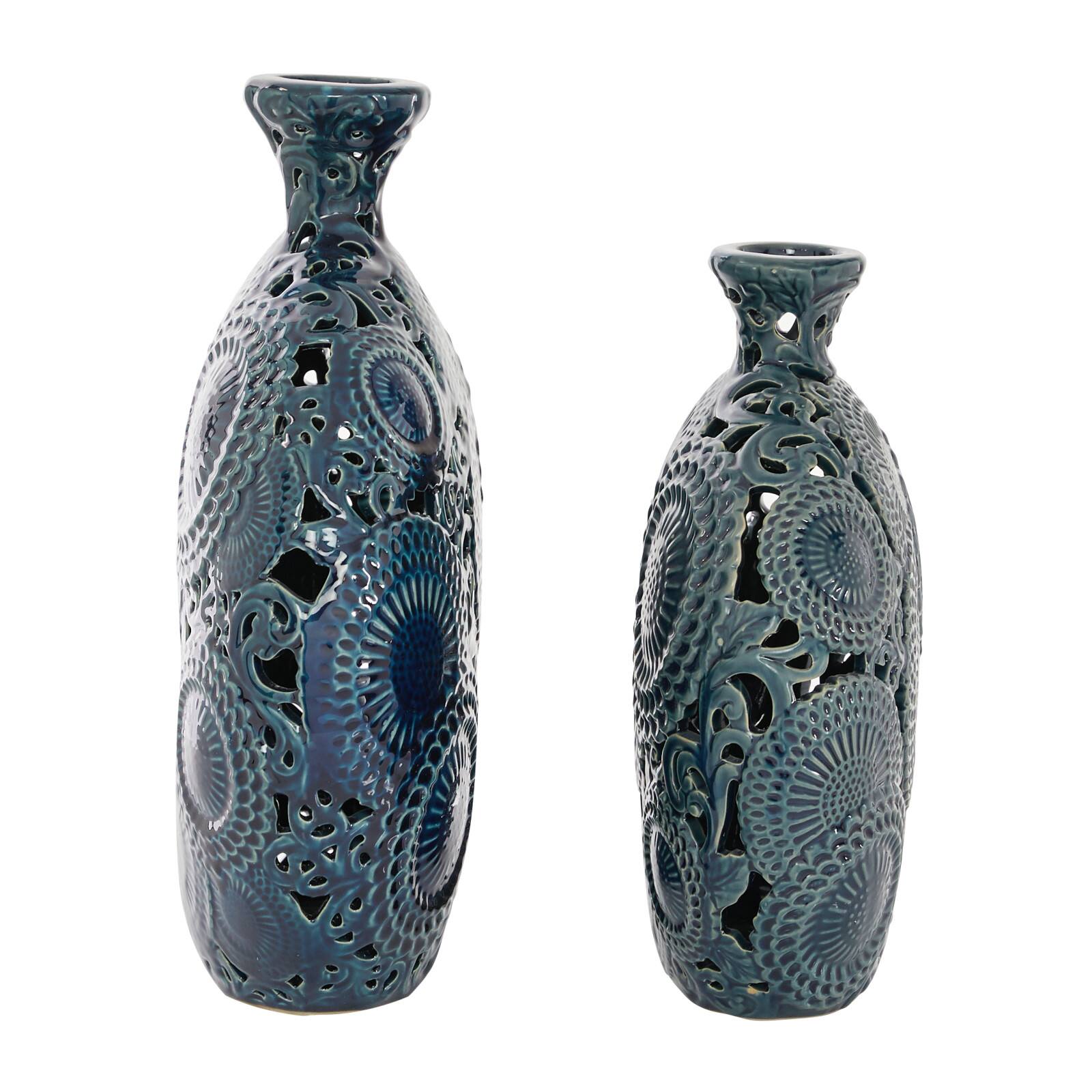 Set of 2 Blue Stoneware Eclectic Vase, 16", 13"