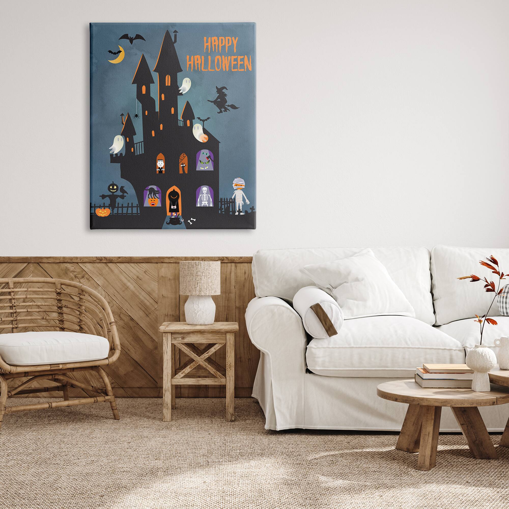 Stupell Industries Happy Halloween Haunted Ghost House Canvas Wall Art