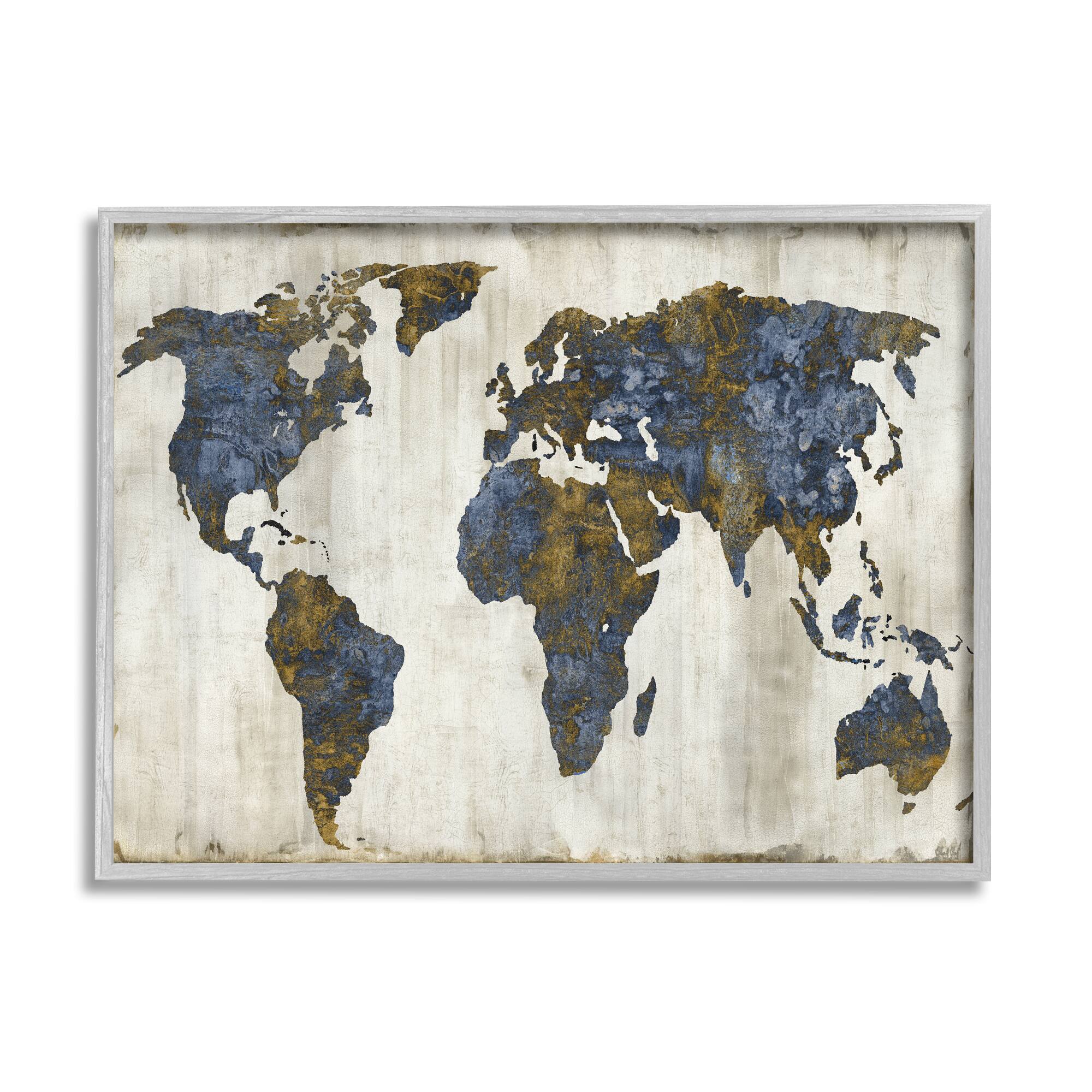 Stupell Industries Gold & Blue World Map Design Wall Art in Gray Frame