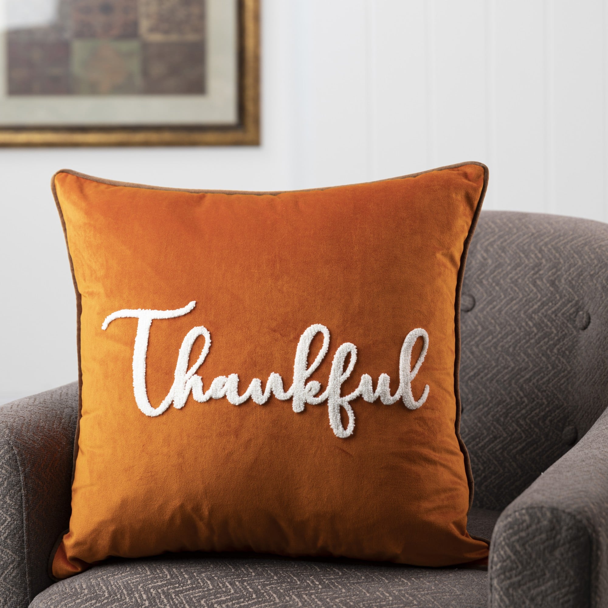 Glitzhome&#xAE; Orange Velvet Thankful Pillow Cover