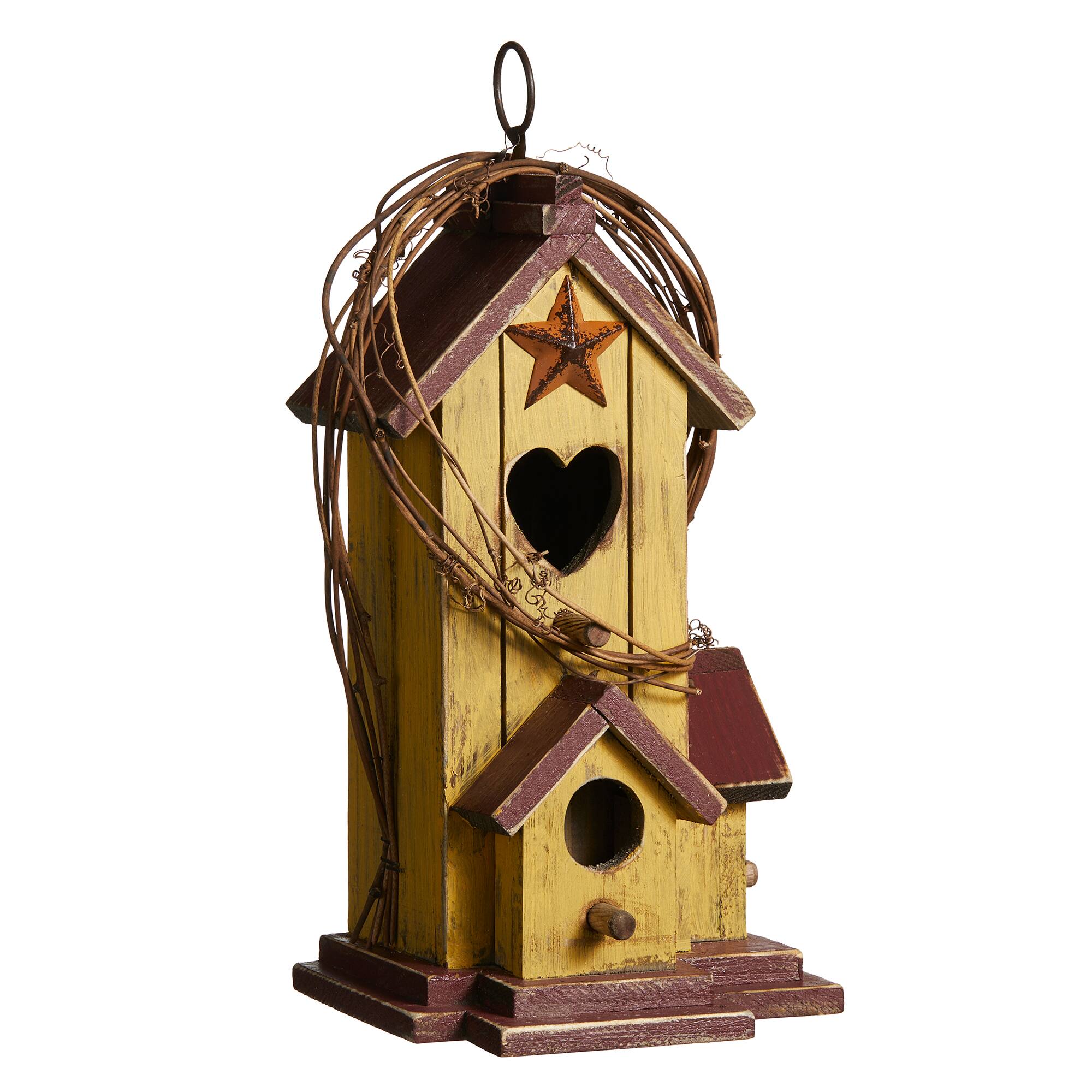 Glitzhome&#xAE; 11.5&#x22; Yellow Washed with Rattan Distressed Wood Cottage Birdhouse