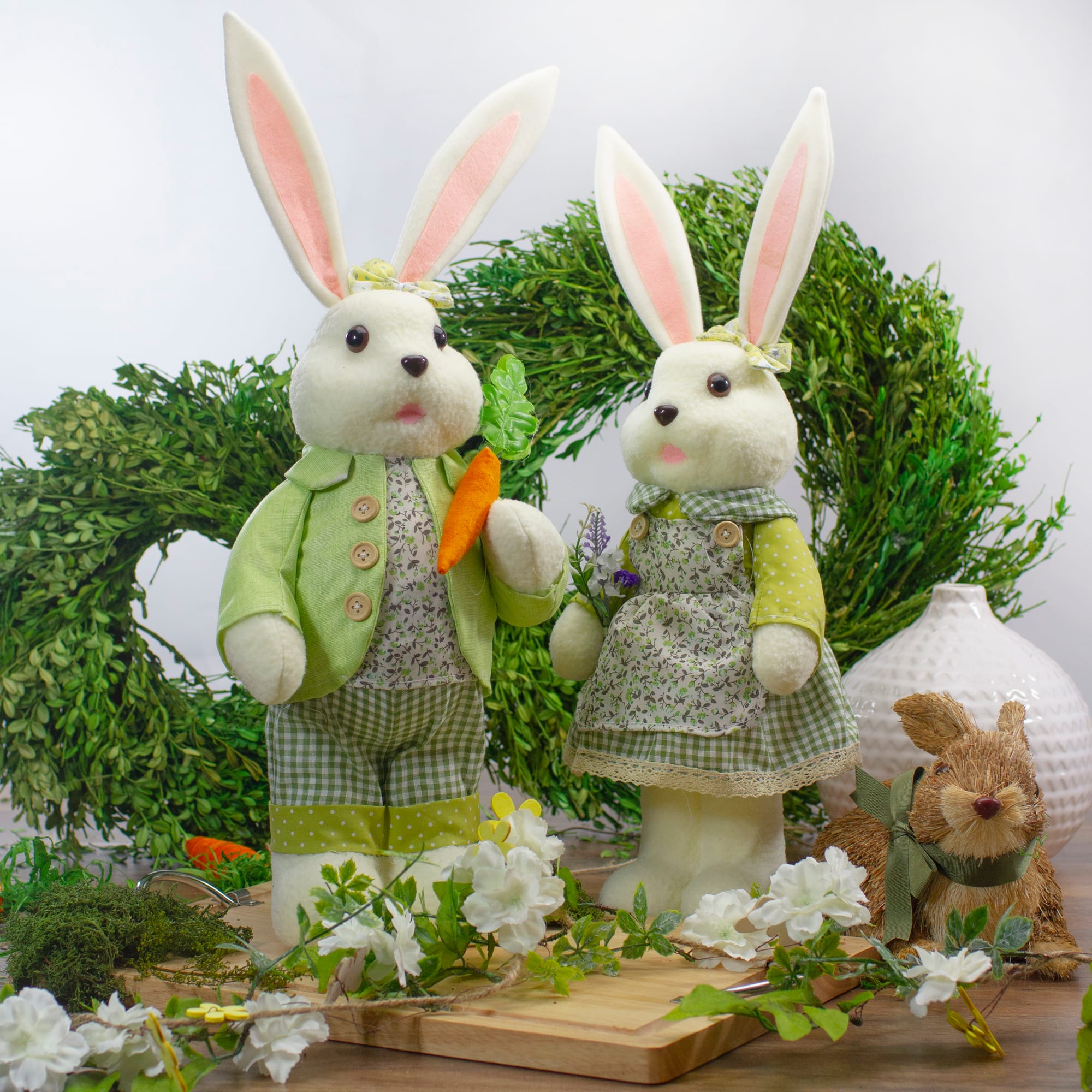 20&#x22; White &#x26; Green Standing Girl Rabbit Easter Figure