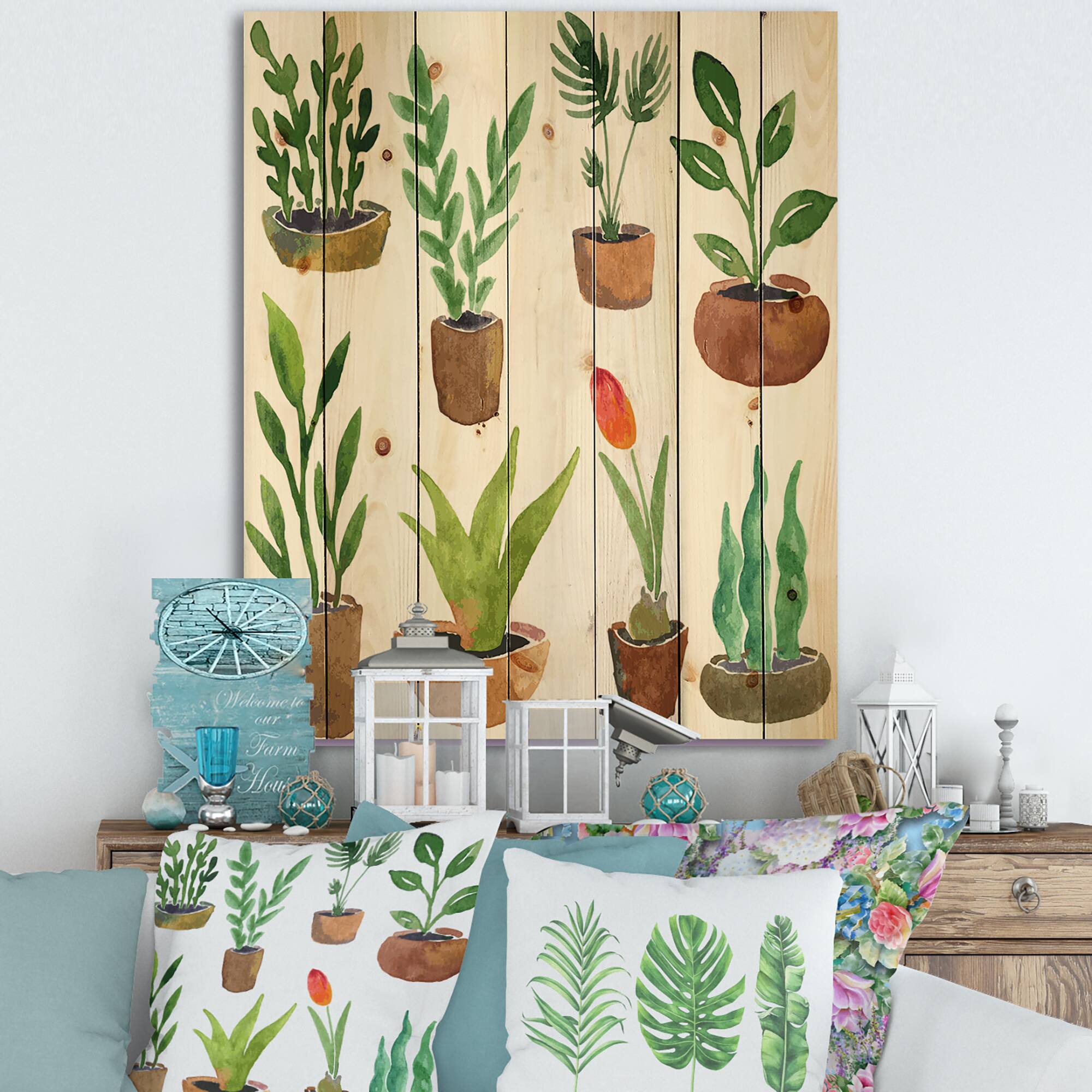 Designart - Eight Potted House Plants - Traditional Print on Natural Pine Wood