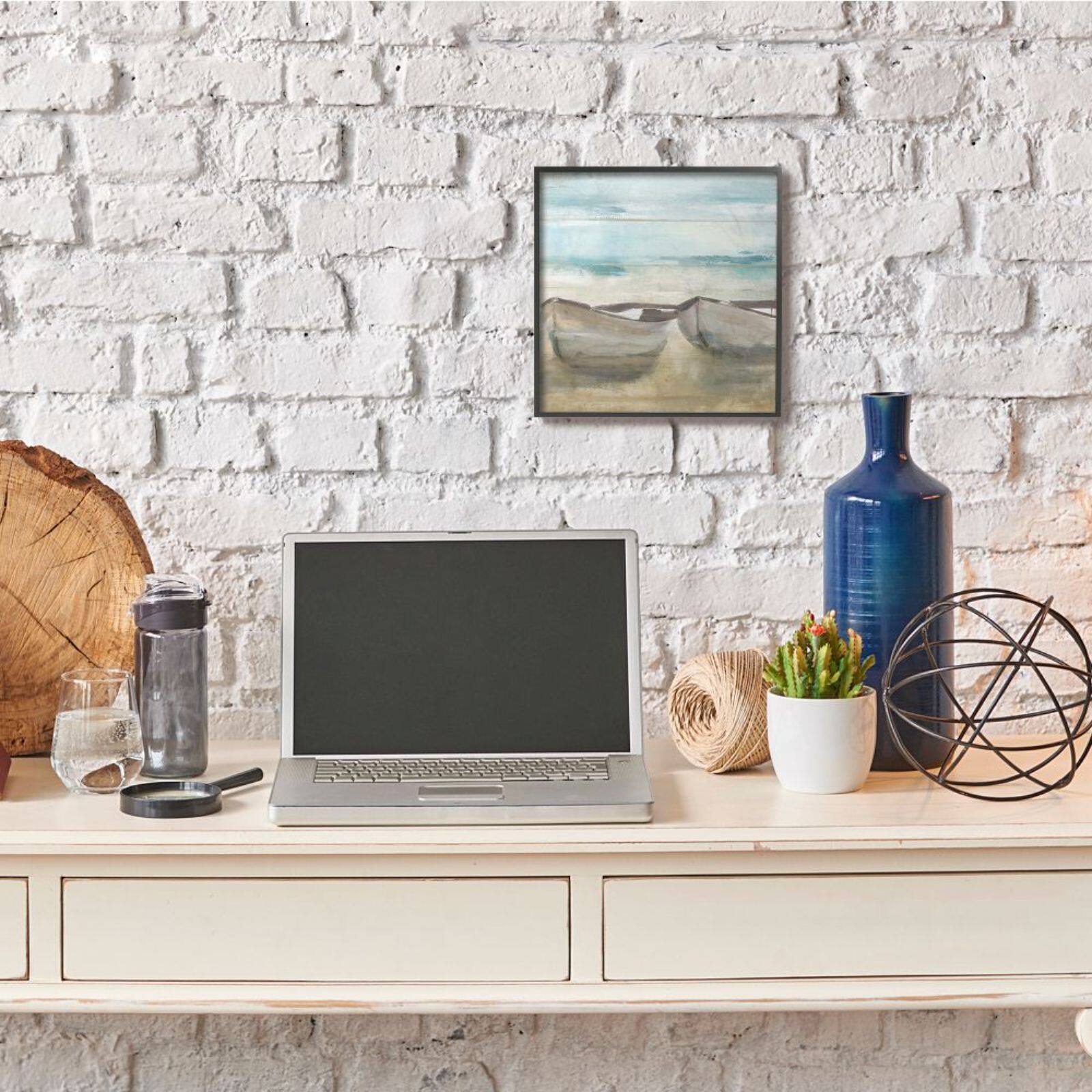 Stupell Industries Lake Boat Beach Landscape Black Framed Print